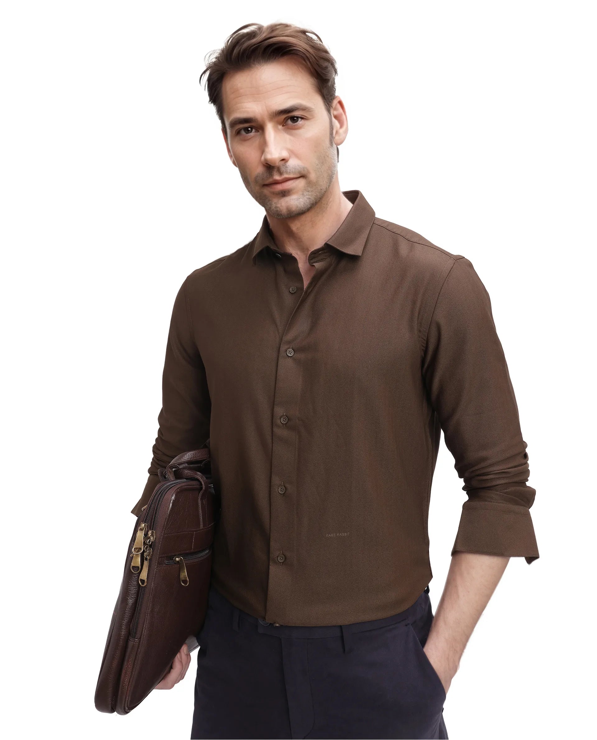 Rare Rabbit Men Mer Dark Olive Viscose Polyester Lycra Fabric Full Sleeve Button Closure Regular Fit Herringbone Textured Shirt