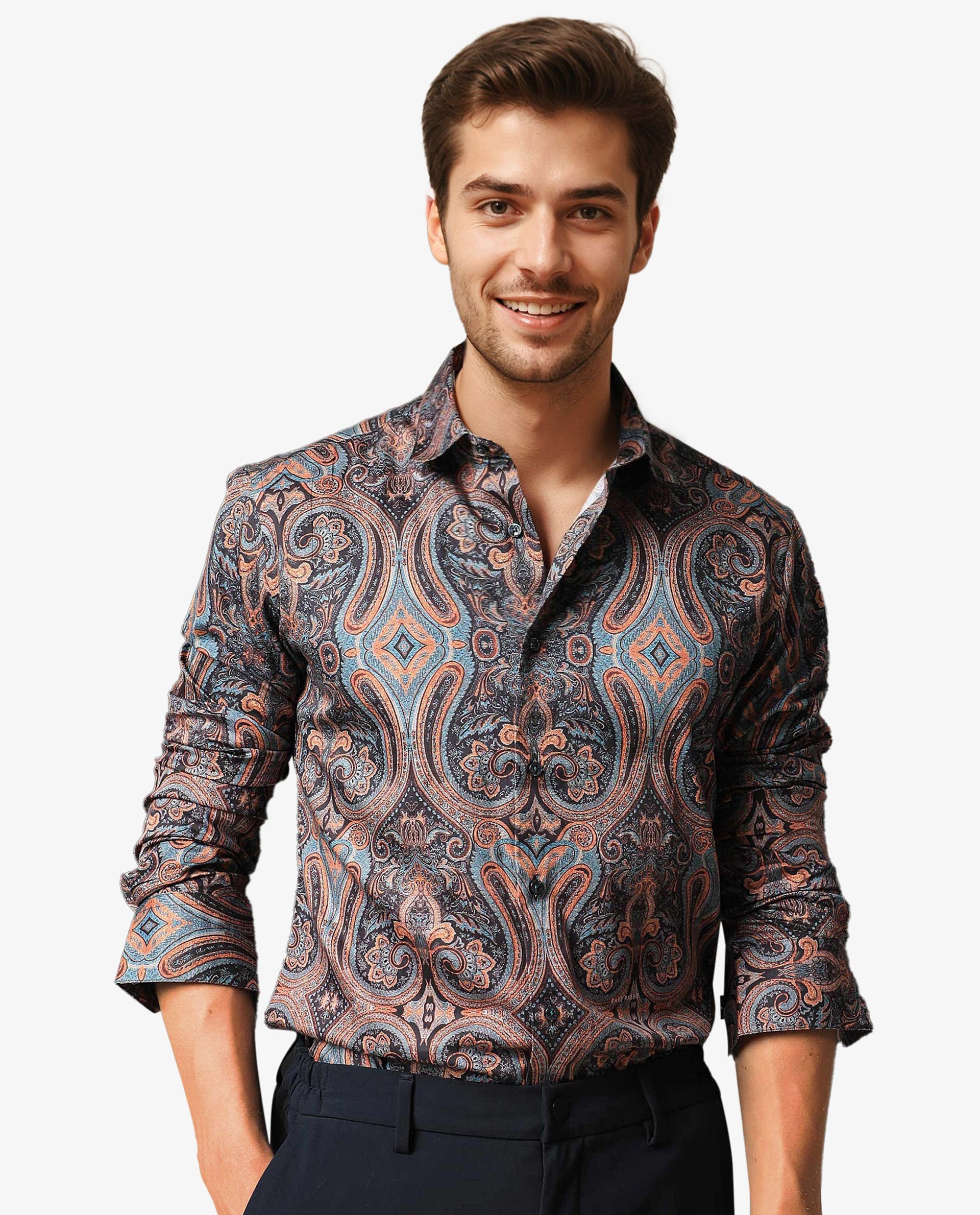 Rare Rabbit Men's Mergers Navy Cotton Fabric Full Sleeves Paisley Print Shirt