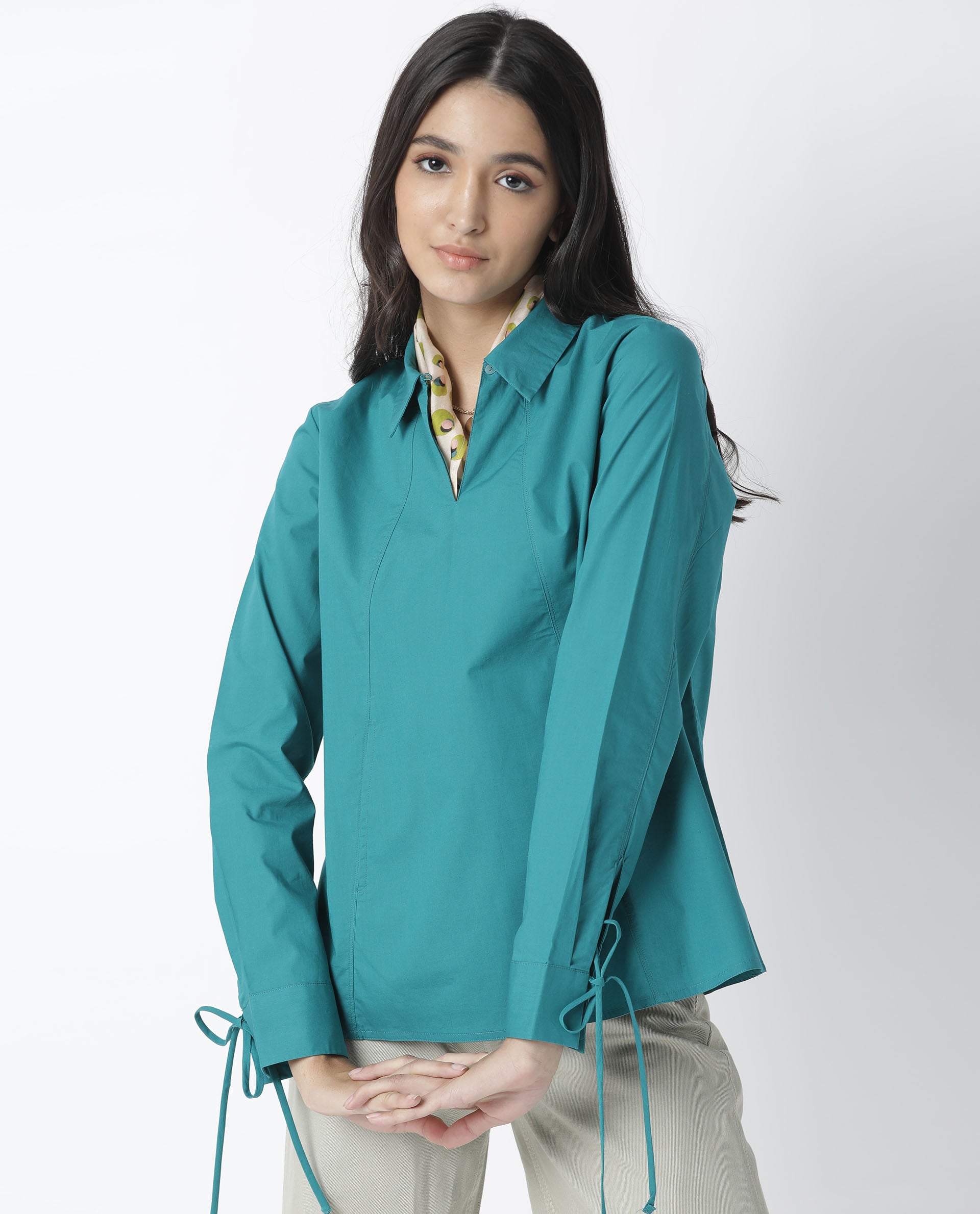 Rareism Women Merge Dark Petrol Cotton Fabric Tailored Fit Shirt Collar Full Sleeves Solid Top