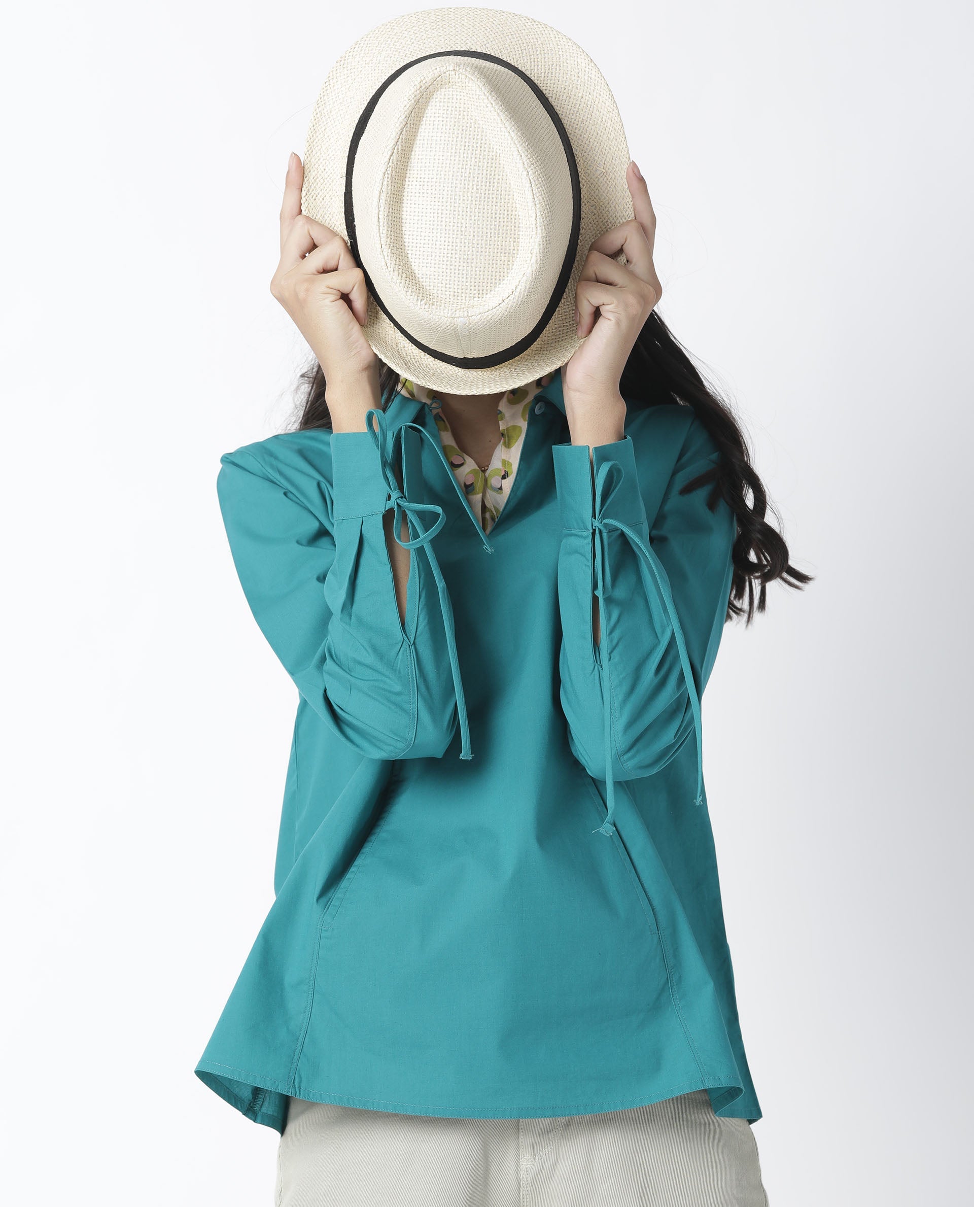 Rareism Women Merge Dark Petrol Cotton Fabric Tailored Fit Shirt Collar Full Sleeves Solid Top