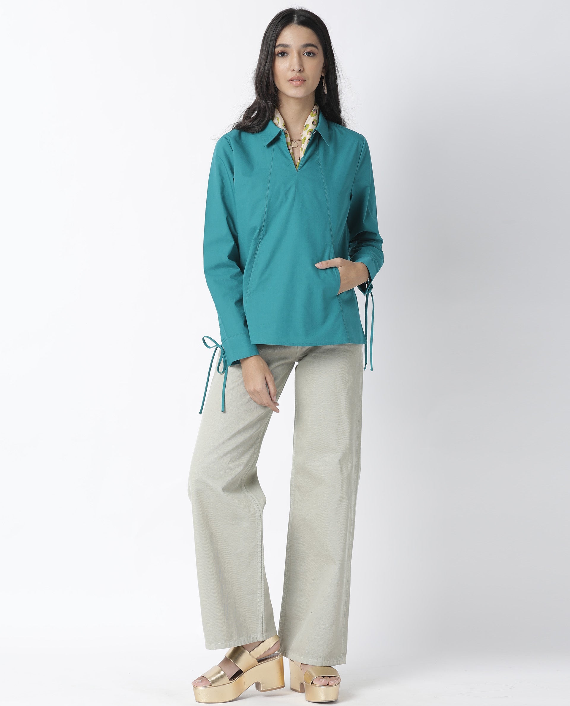 Rareism Women Merge Dark Petrol Cotton Fabric Tailored Fit Shirt Collar Full Sleeves Solid Top