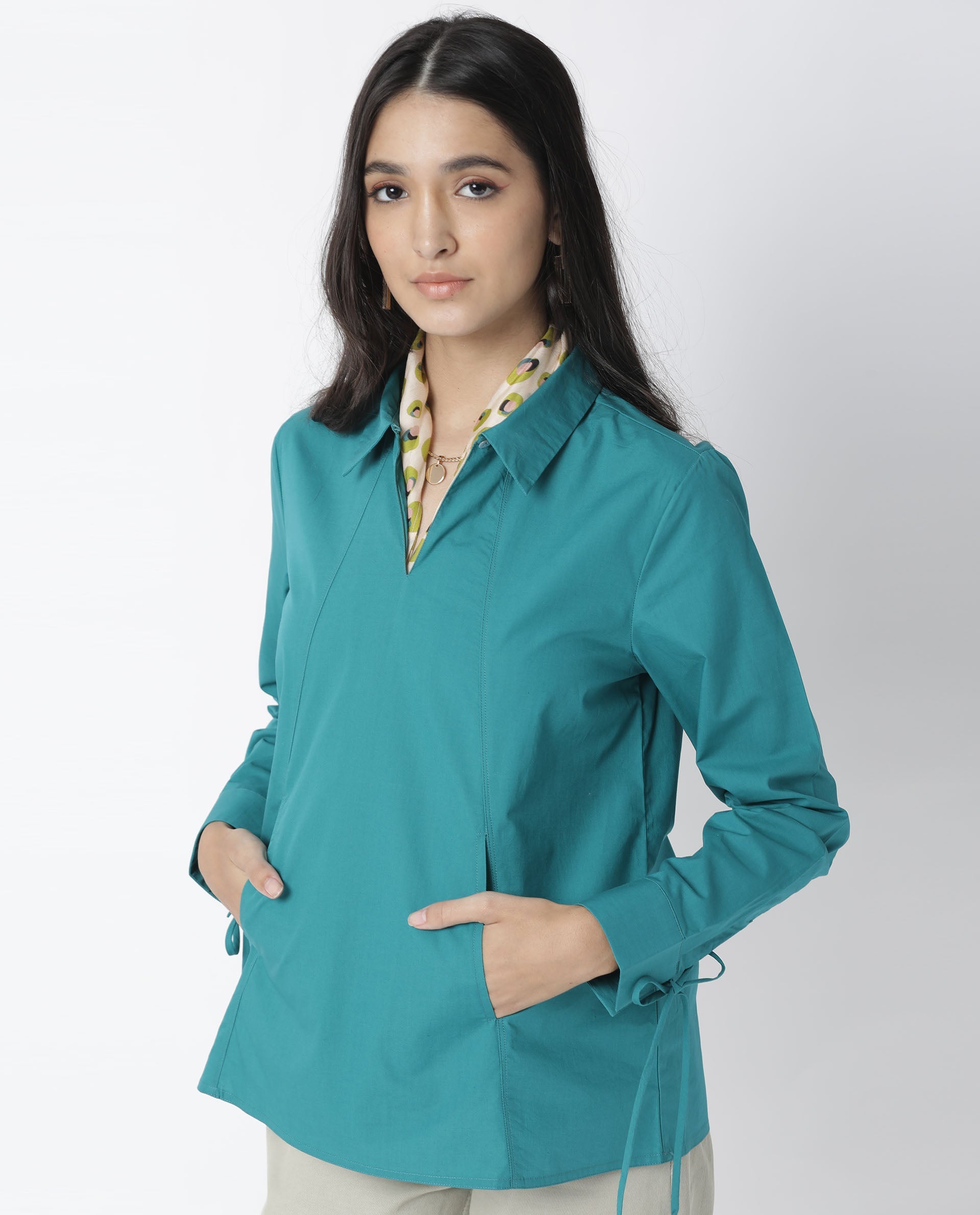 Rareism Women Merge Dark Petrol Cotton Fabric Tailored Fit Shirt Collar Full Sleeves Solid Top