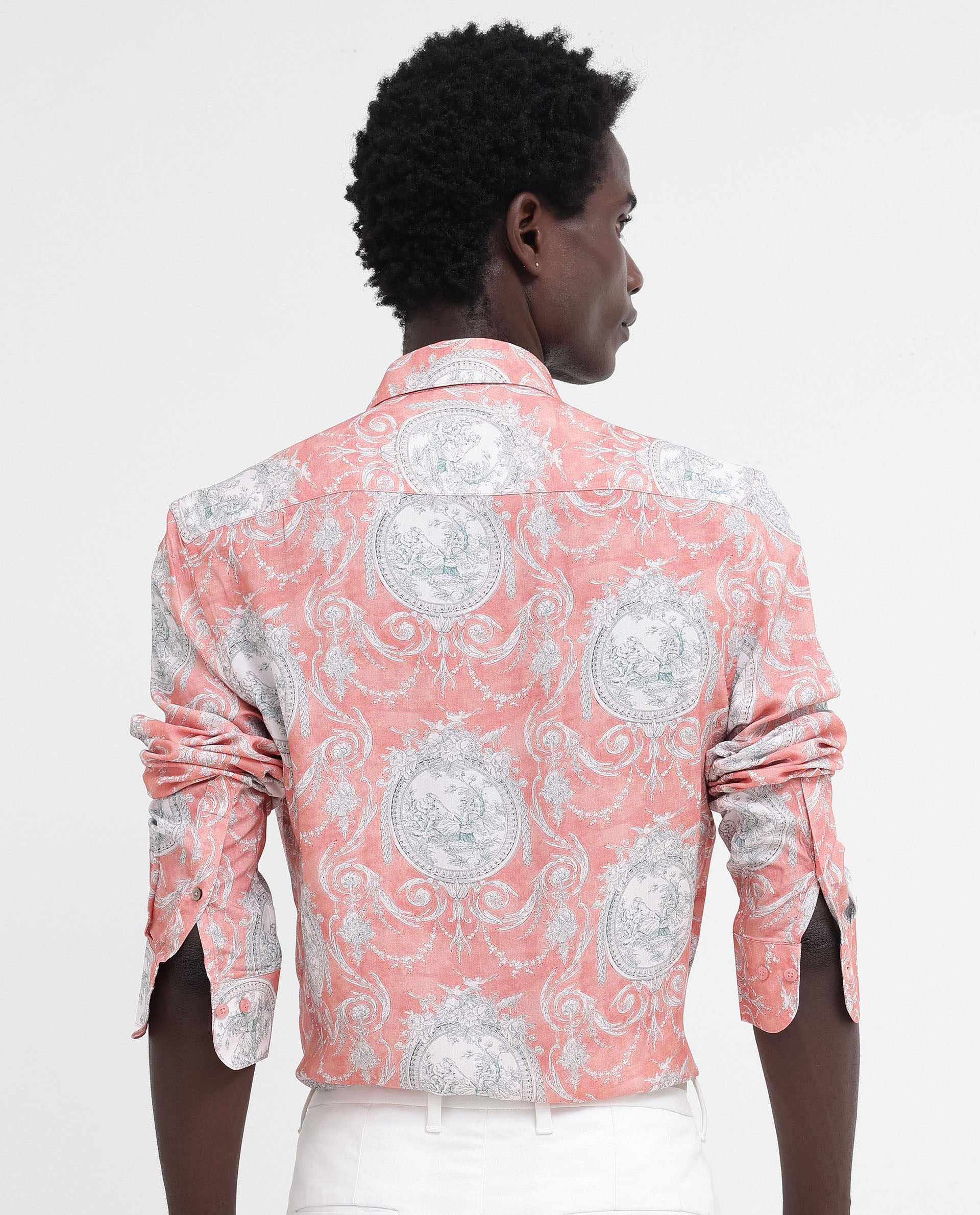 Rare Rabbit Mens Meridin Dusky Peach Viscose Decorative Art Print Full Sleeve Shirt