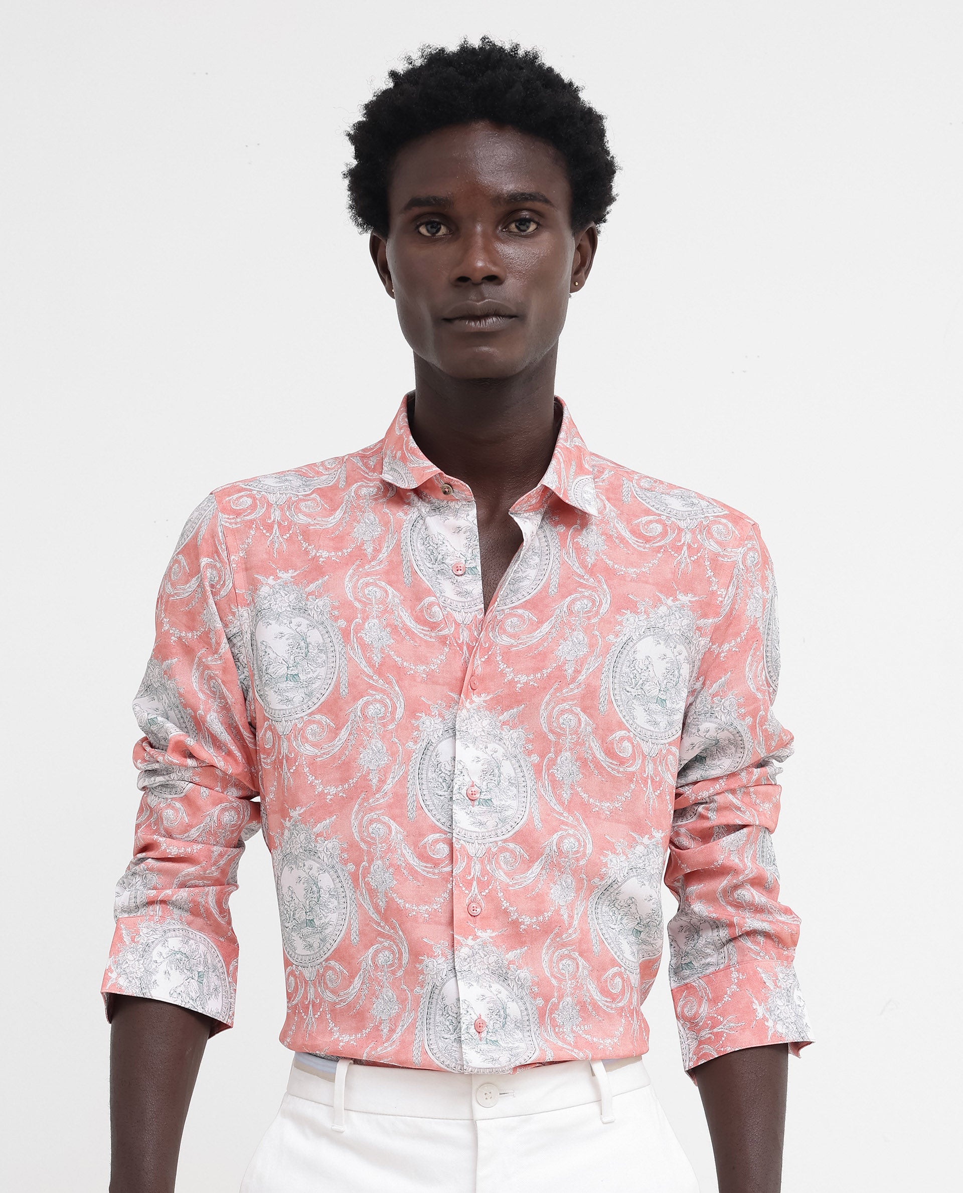 Rare Rabbit Mens Meridin Dusky Peach Viscose Decorative Art Print Full Sleeve Shirt