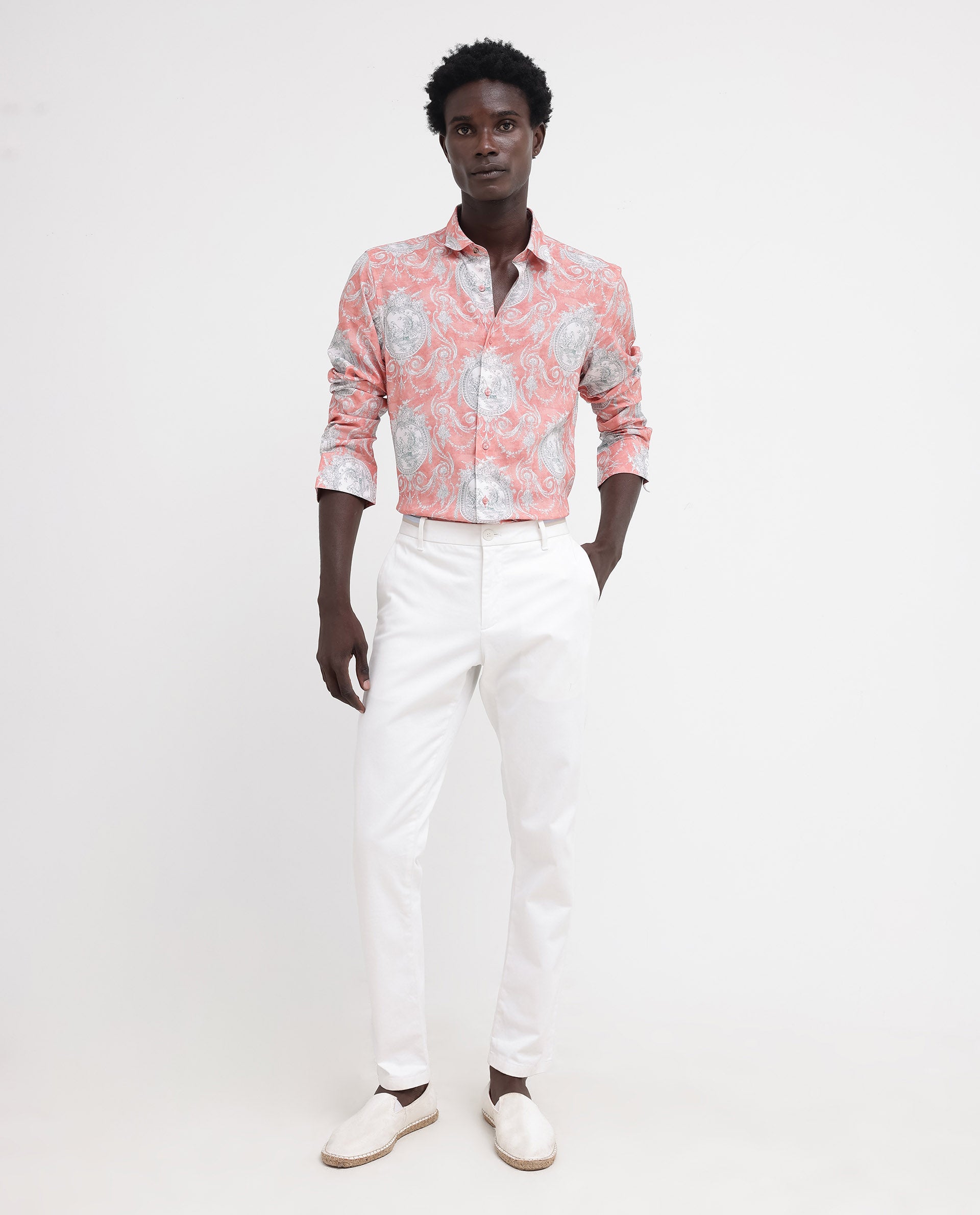 Rare Rabbit Mens Meridin Dusky Peach Viscose Decorative Art Print Full Sleeve Shirt