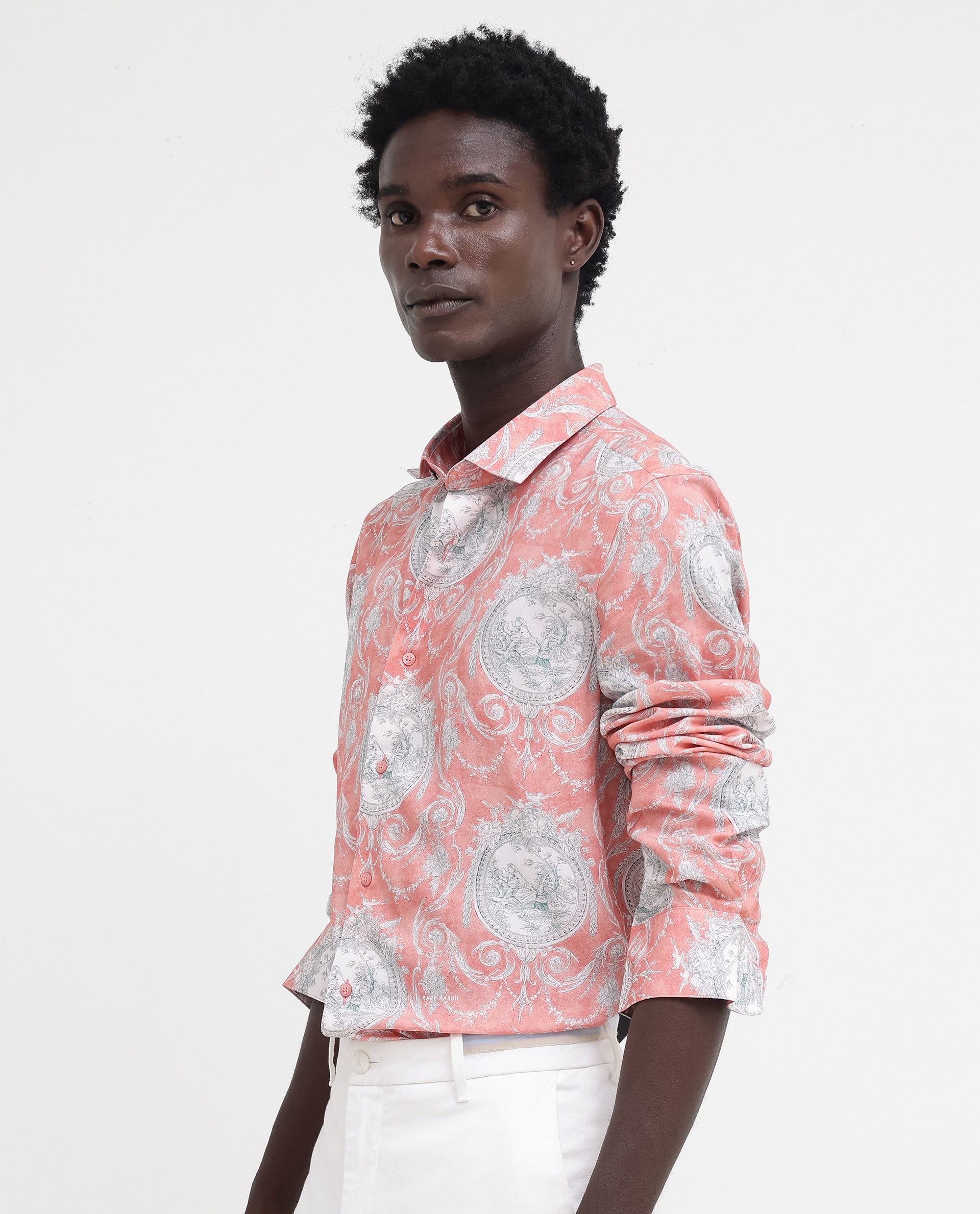 Rare Rabbit Mens Meridin Dusky Peach Viscose Decorative Art Print Full Sleeve Shirt