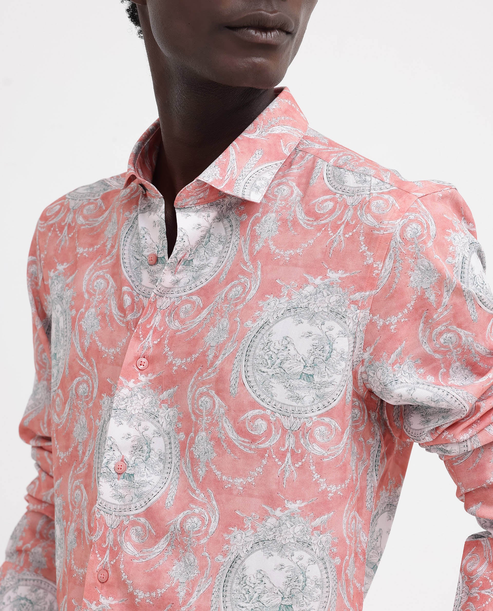 Rare Rabbit Mens Meridin Dusky Peach Viscose Decorative Art Print Full Sleeve Shirt