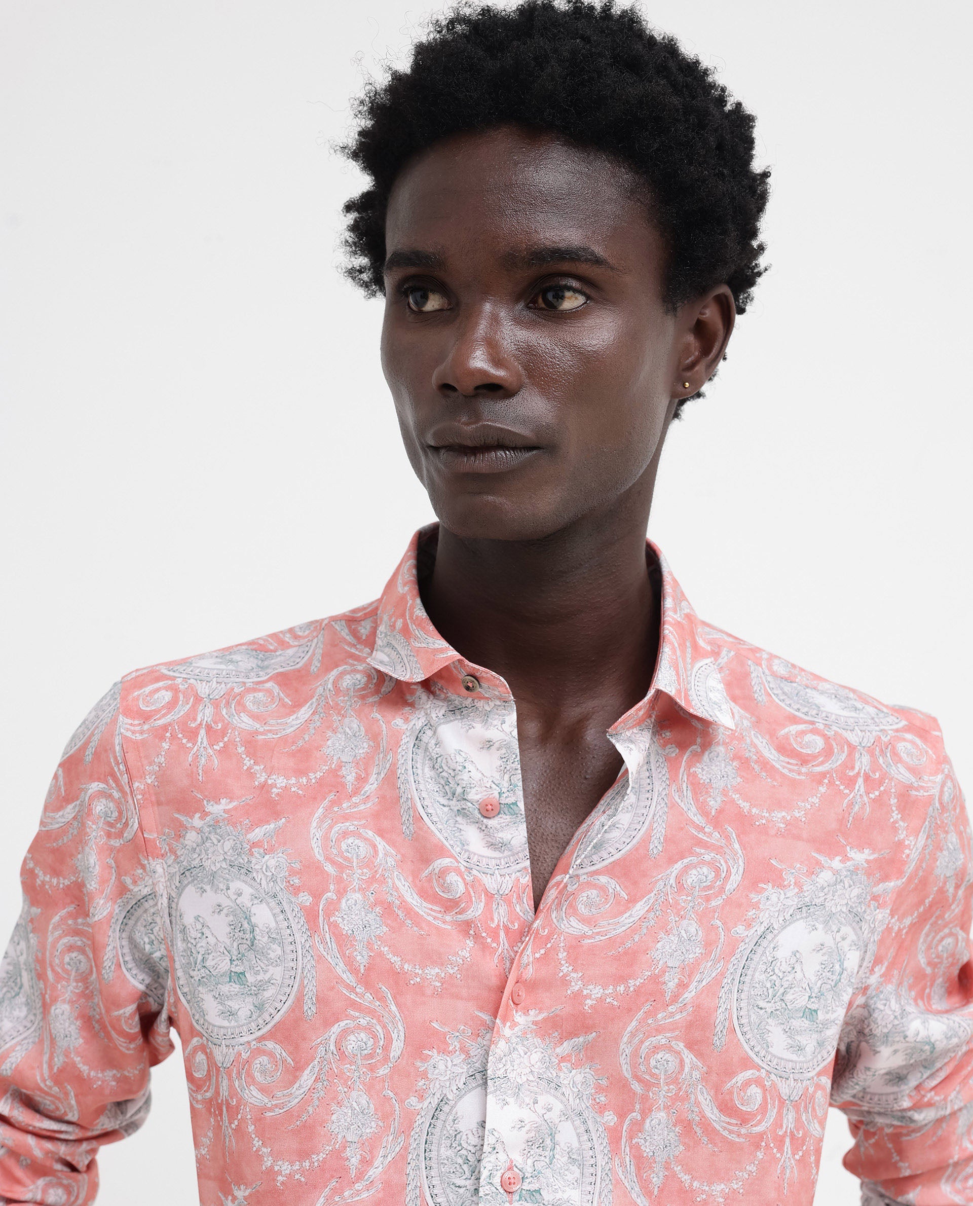 Rare Rabbit Mens Meridin Dusky Peach Viscose Decorative Art Print Full Sleeve Shirt