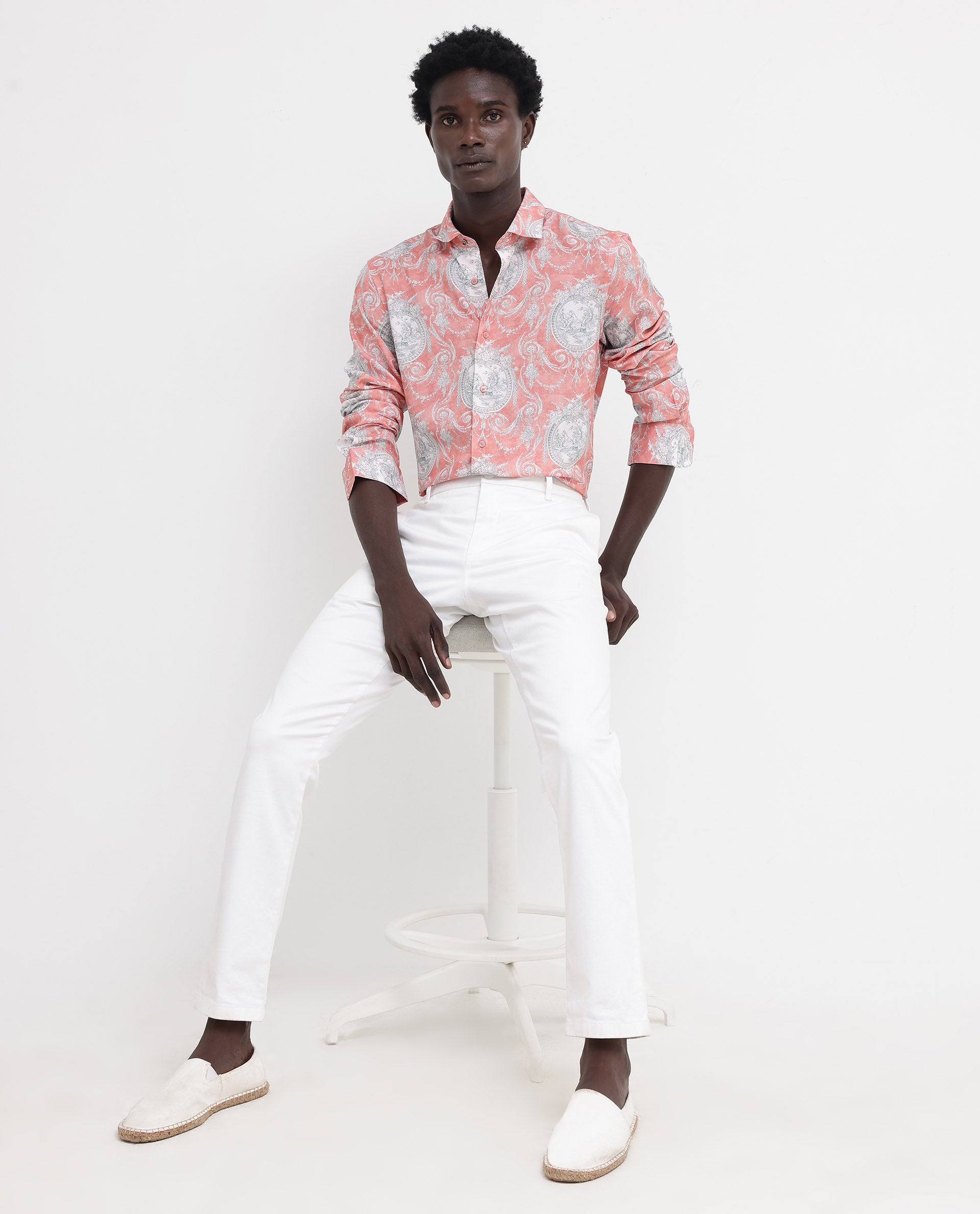 Rare Rabbit Mens Meridin Dusky Peach Viscose Decorative Art Print Full Sleeve Shirt