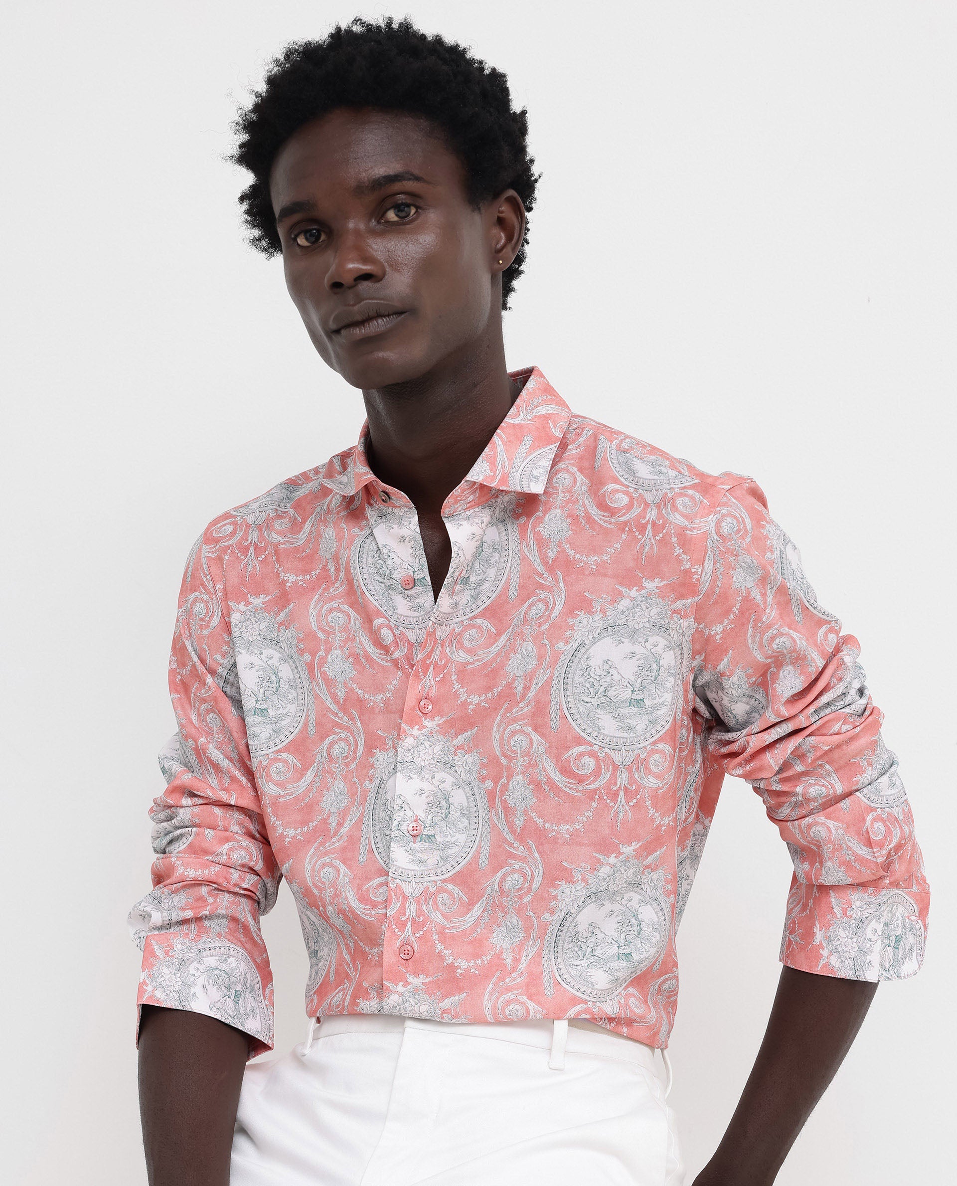 Rare Rabbit Mens Meridin Dusky Peach Viscose Decorative Art Print Full Sleeve Shirt