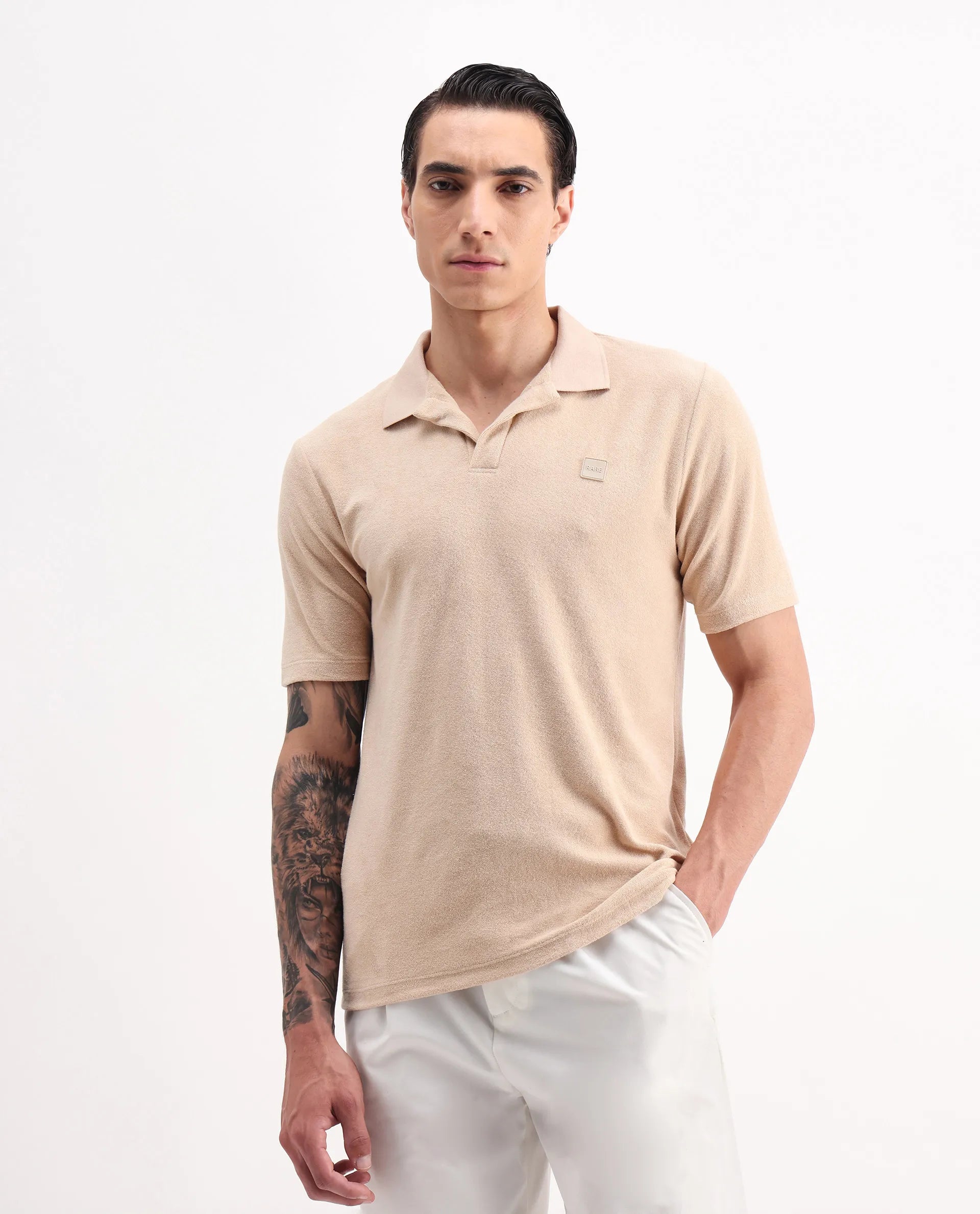 Rare Rabbit Men's Merk Beige Cotton Textured Regular Fit Half Sleeve Polo