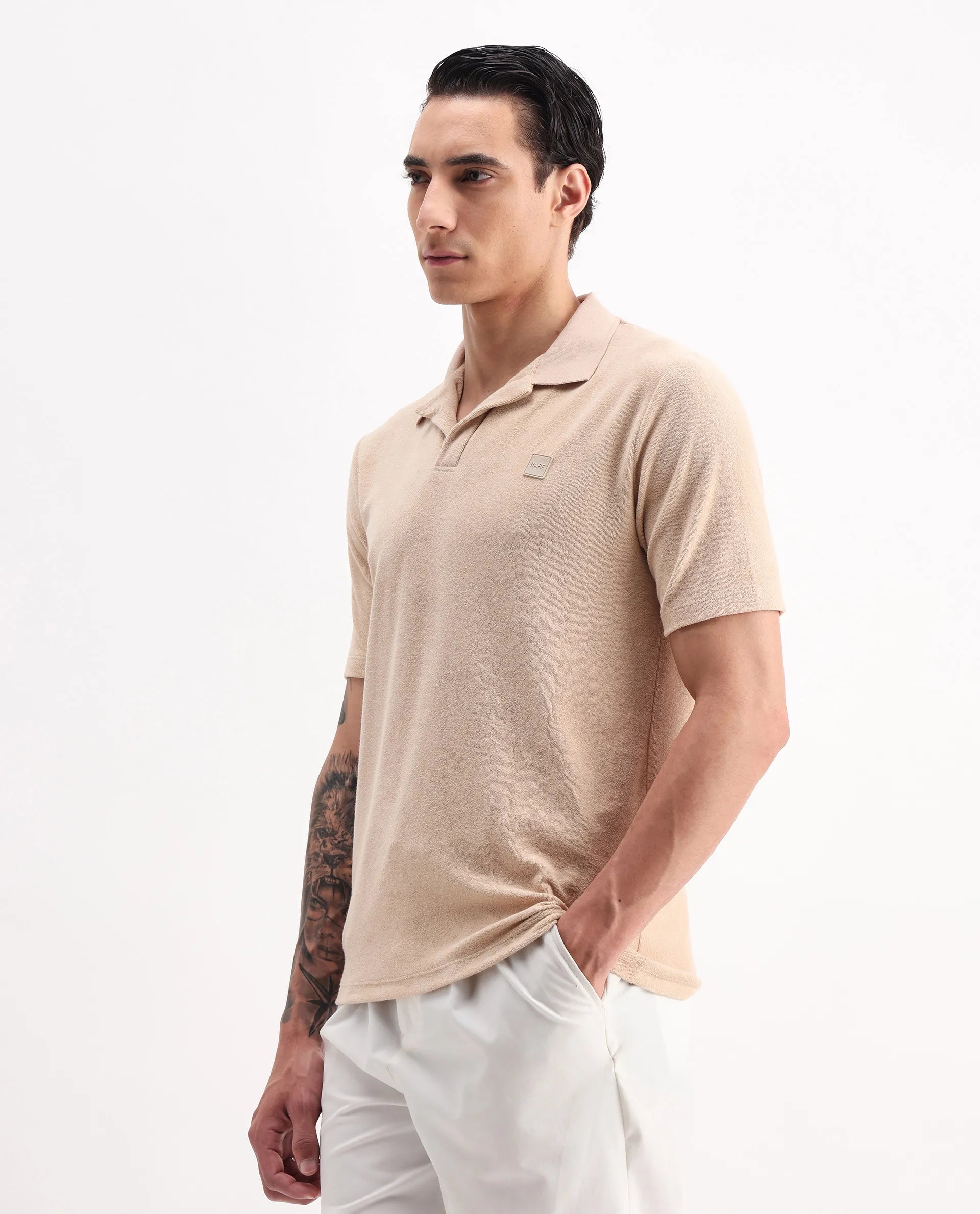 Rare Rabbit Men's Merk Beige Cotton Textured Regular Fit Half Sleeve Polo