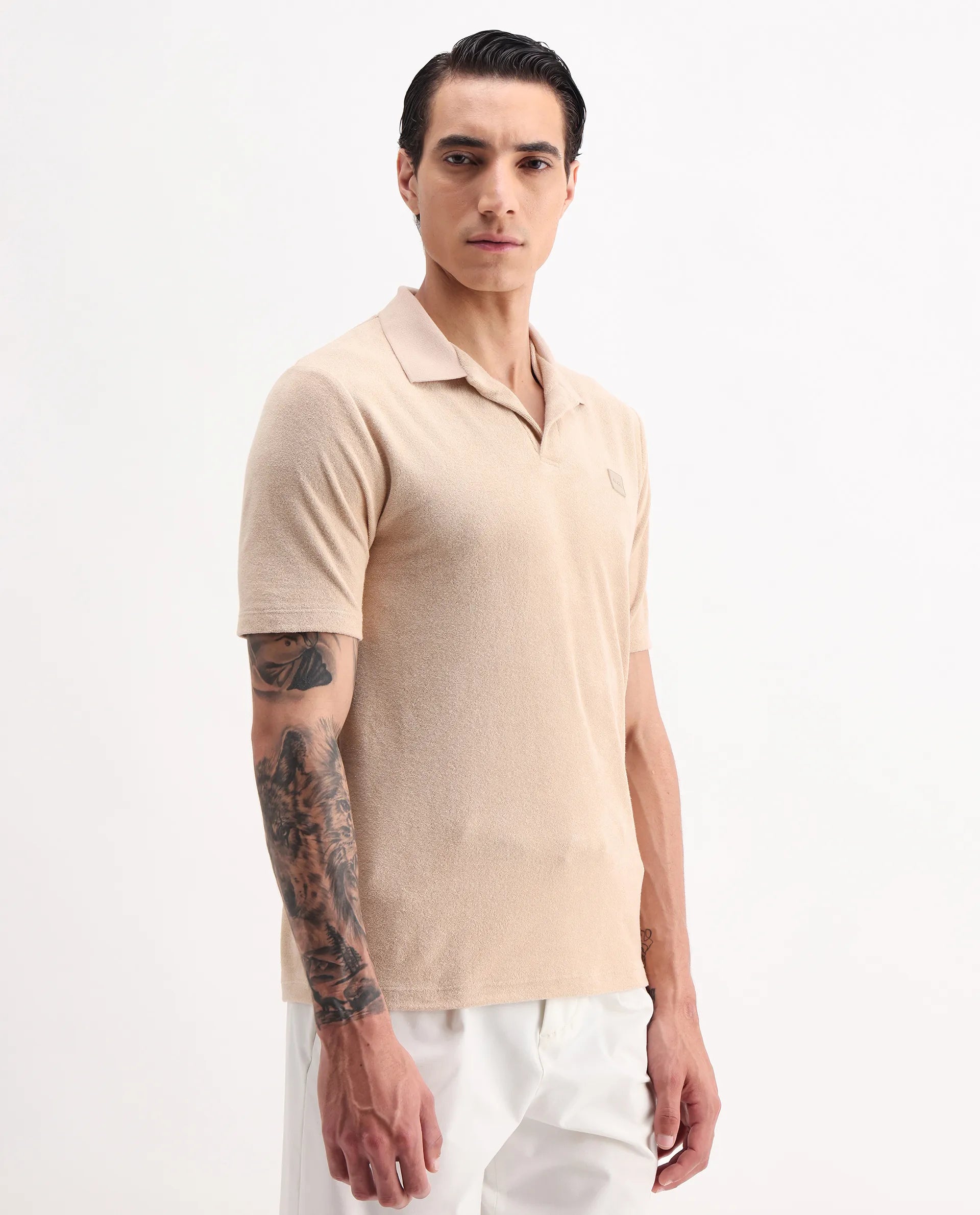 Rare Rabbit Men's Merk Beige Cotton Textured Regular Fit Half Sleeve Polo