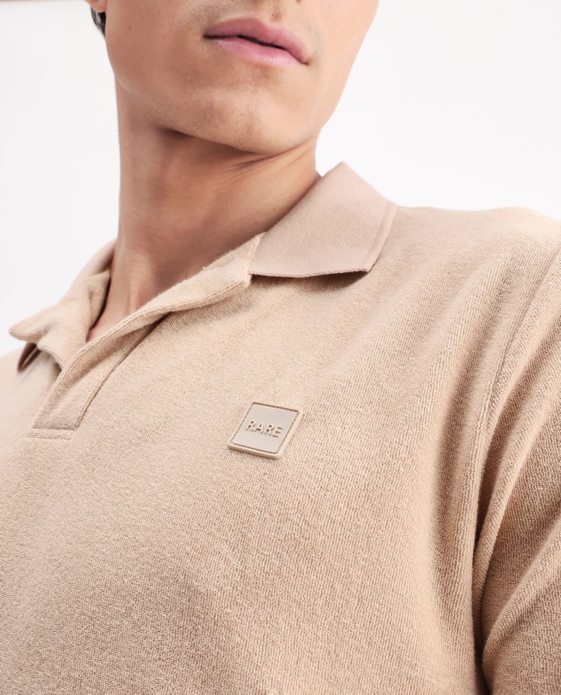 Rare Rabbit Men's Merk Beige Cotton Textured Regular Fit Half Sleeve Polo