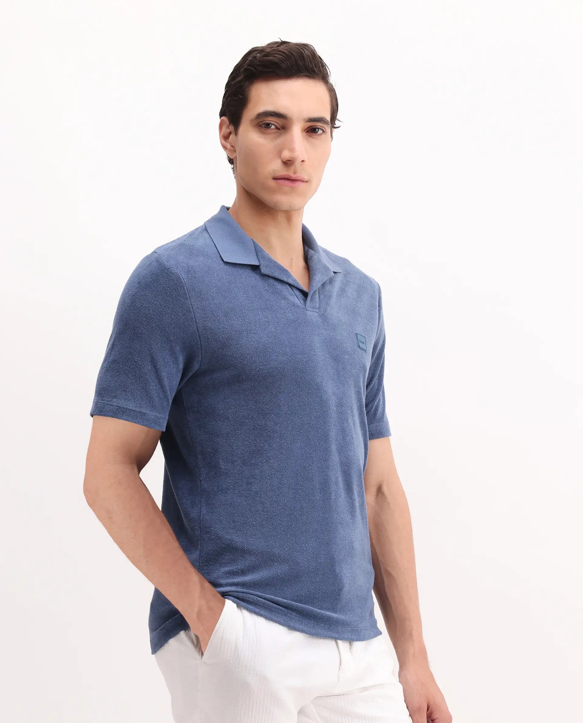 Rare Rabbit Men's Merk Dark Blue Cotton Textured Regular Fit Half Sleeve Polo