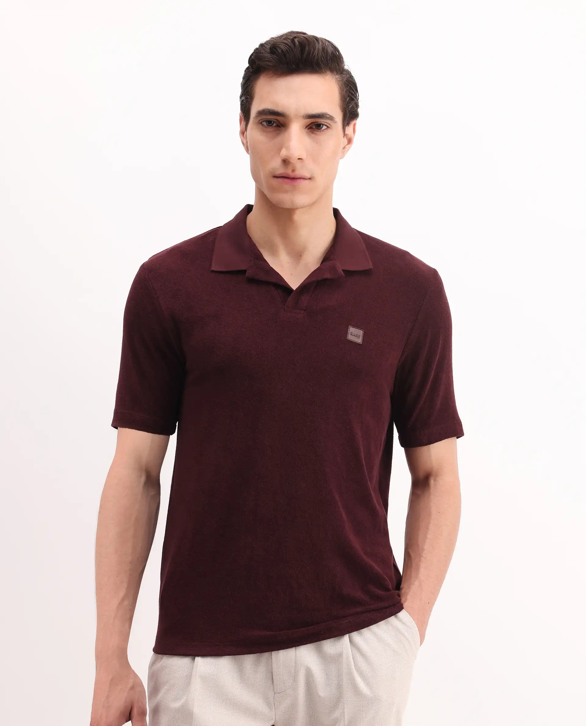 Rare Rabbit Men's Merk Dark Maroon Cotton Textured Regular Fit Half Sleeve Polo
