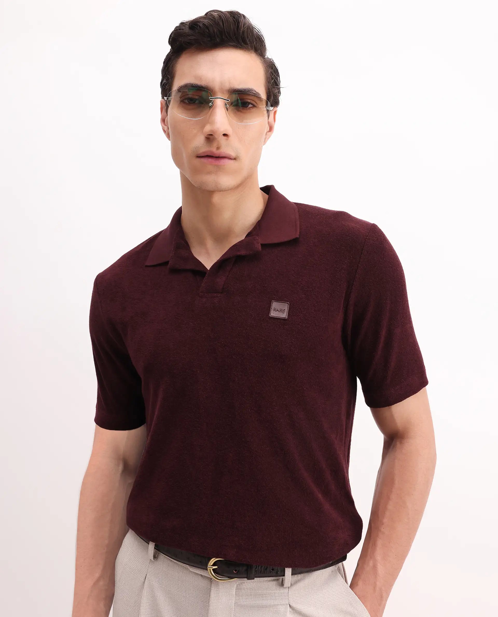 Rare Rabbit Men's Merk Dark Maroon Cotton Textured Regular Fit Half Sleeve Polo