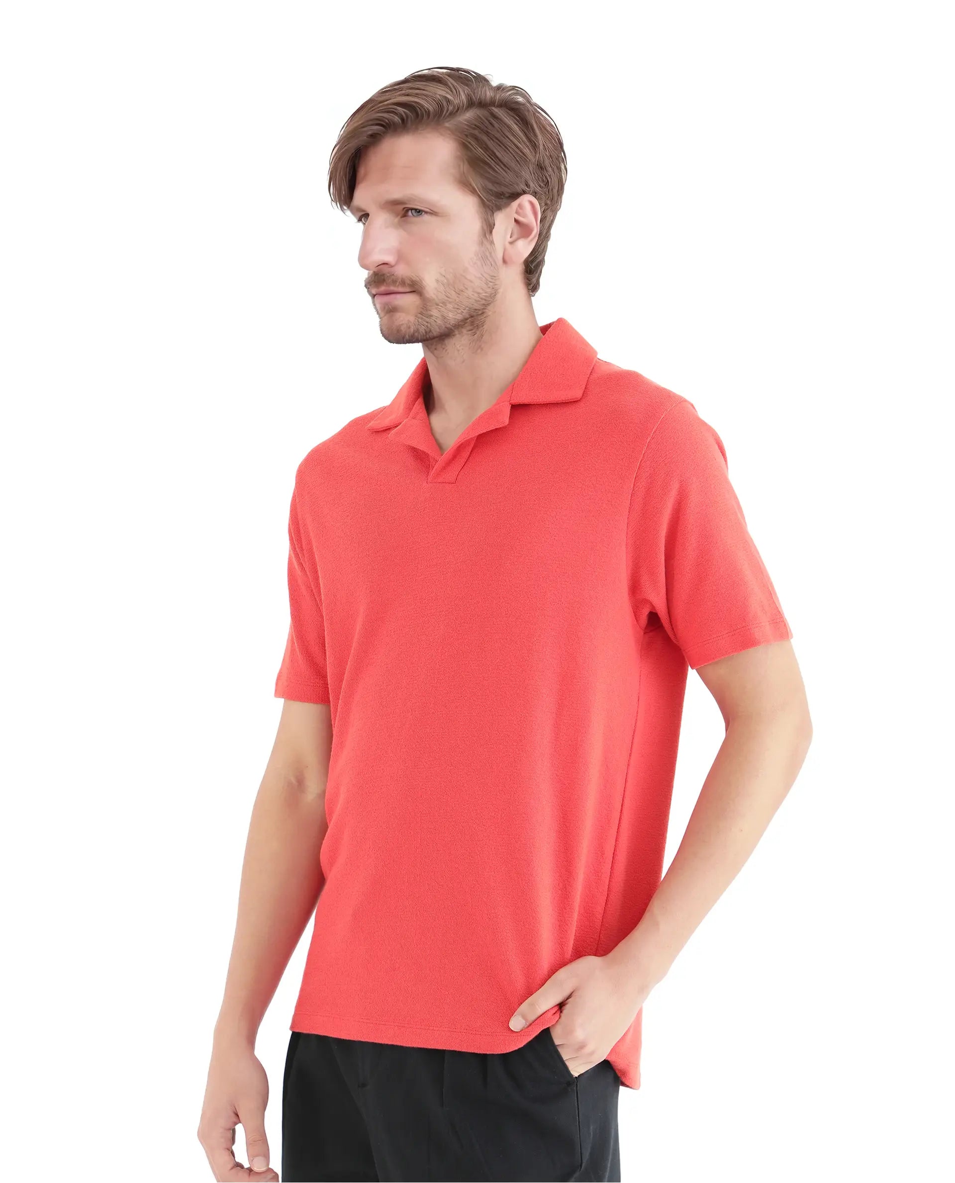 Rare Rabbit Men Merko Dark Orange Cotton Fabric Short Sleeve Collared Neck Button Closure Plain Polo