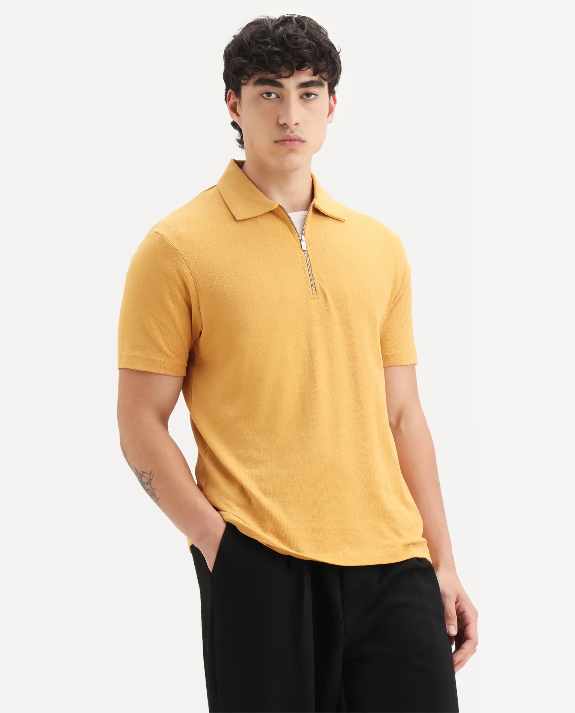 Rare Rabbit Men's Merkof Mustard Cotton Plain Regular Fit Half Sleeve Polo