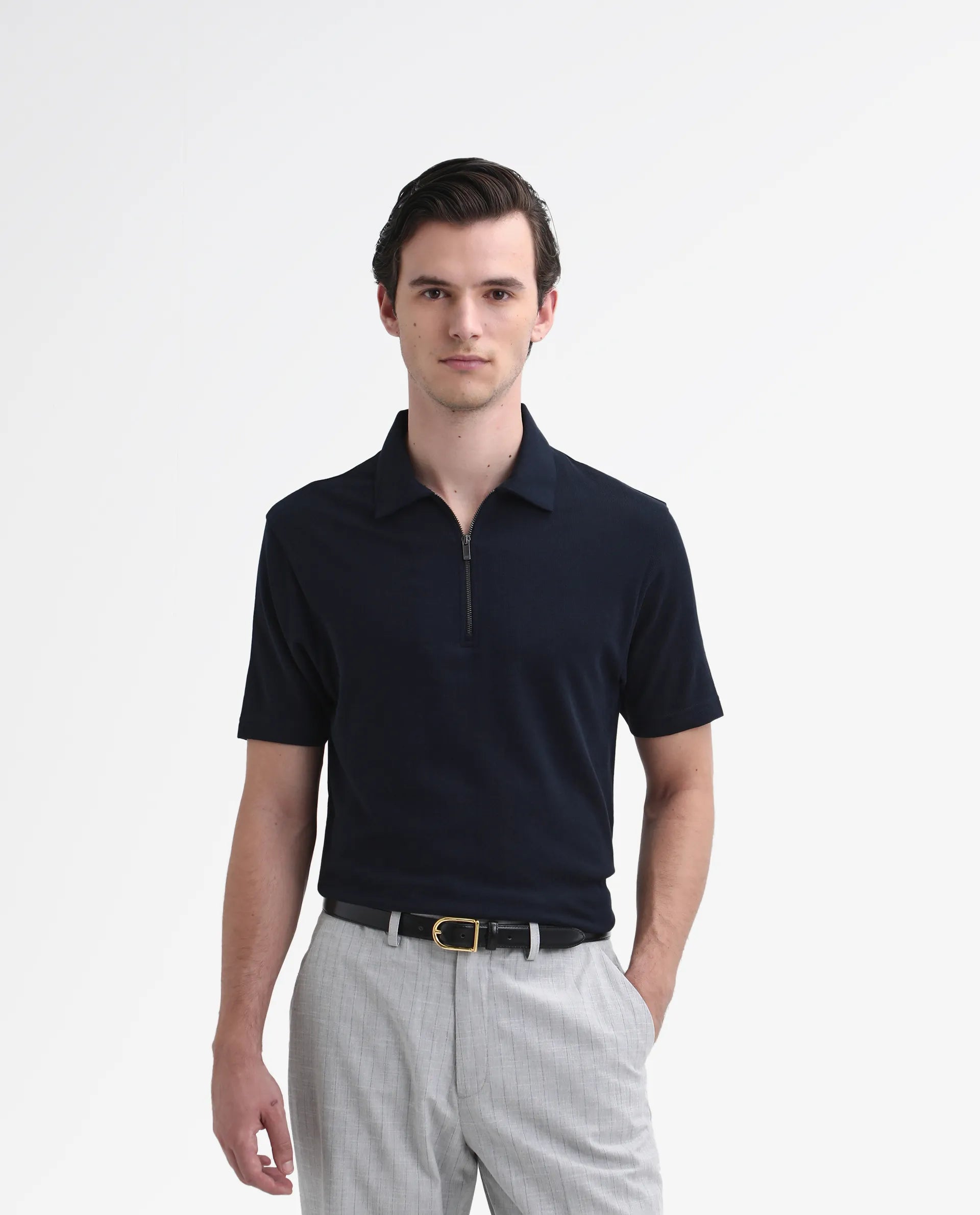 Rare Rabbit Men's Merkof Navy Cotton Plain Regular Fit Half Sleeve Polo