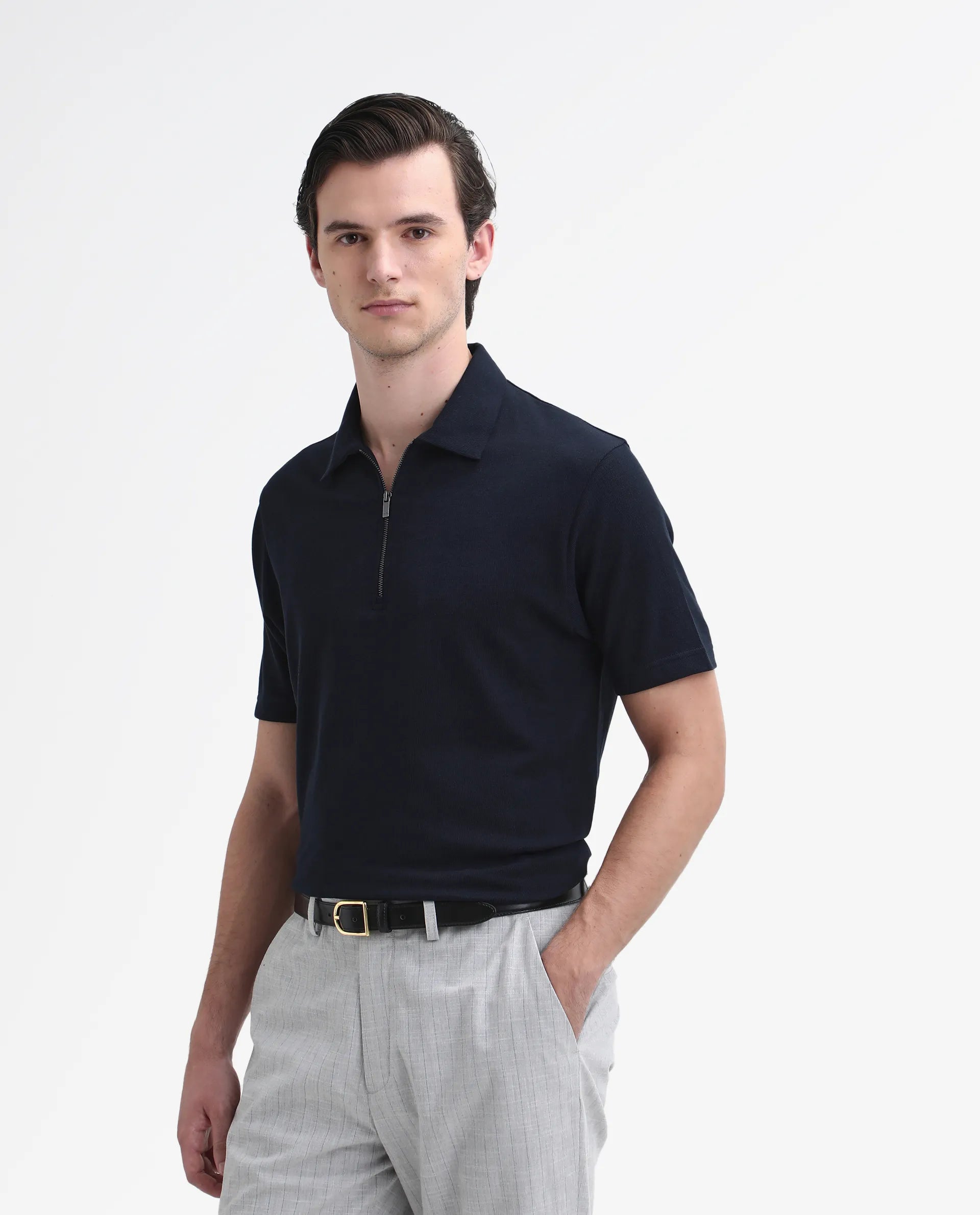 Rare Rabbit Men's Merkof Navy Cotton Plain Regular Fit Half Sleeve Polo