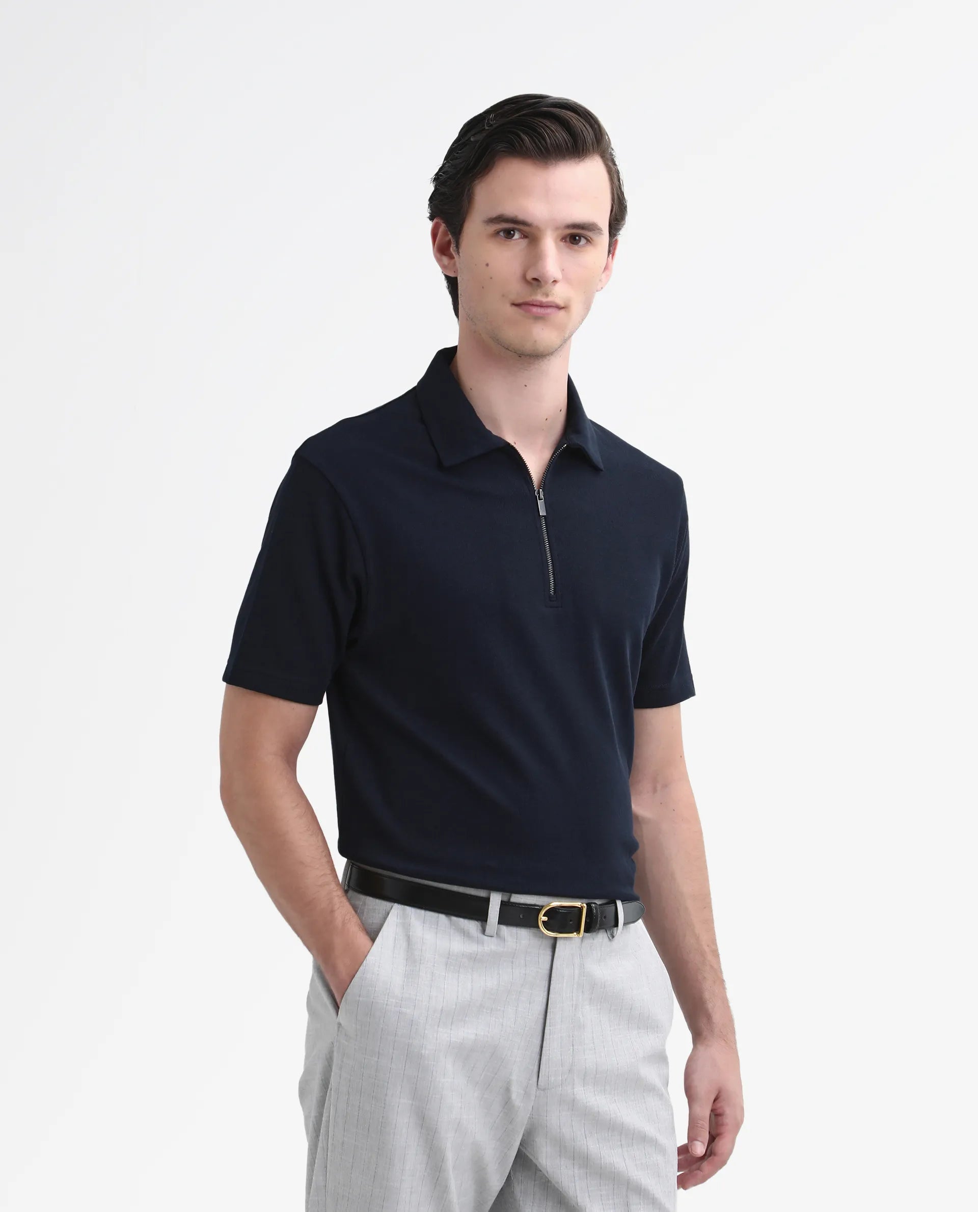 Rare Rabbit Men's Merkof Navy Cotton Plain Regular Fit Half Sleeve Polo