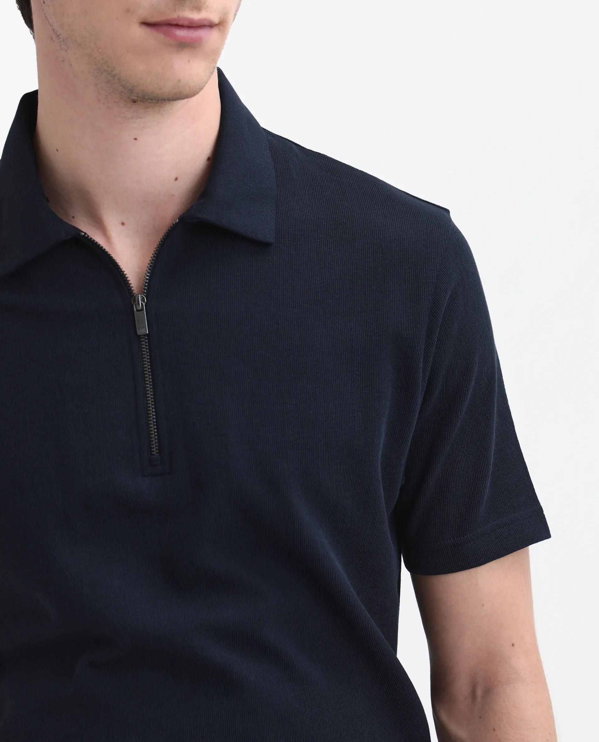 Rare Rabbit Men's Merkof Navy Cotton Plain Regular Fit Half Sleeve Polo