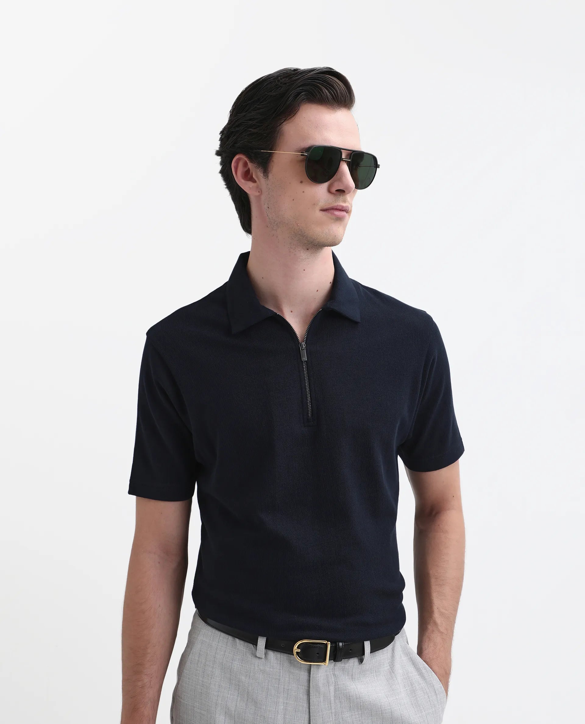 Rare Rabbit Men's Merkof Navy Cotton Plain Regular Fit Half Sleeve Polo