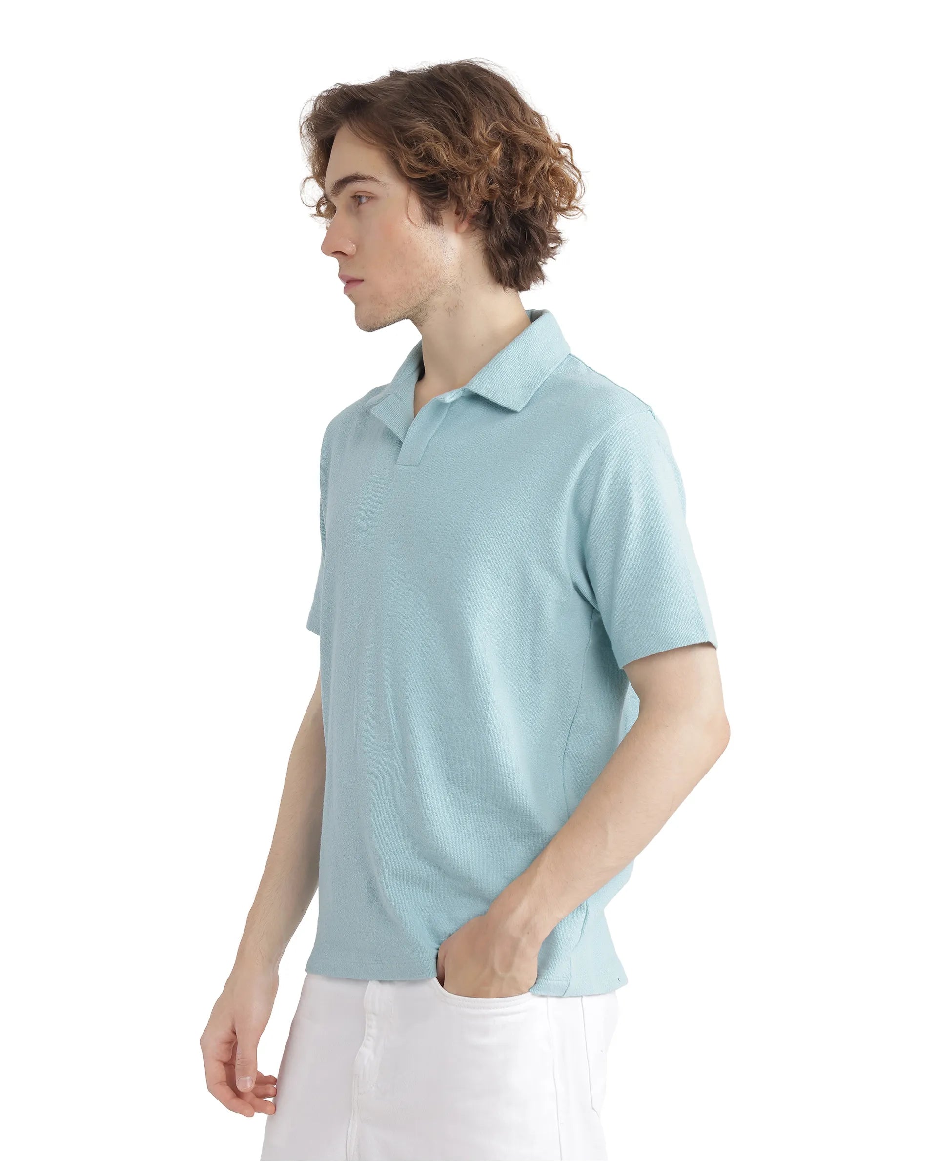 Rare Rabbit Men Merko Turq Cotton Fabric Short Sleeve Collared Neck Button Closure Plain Polo