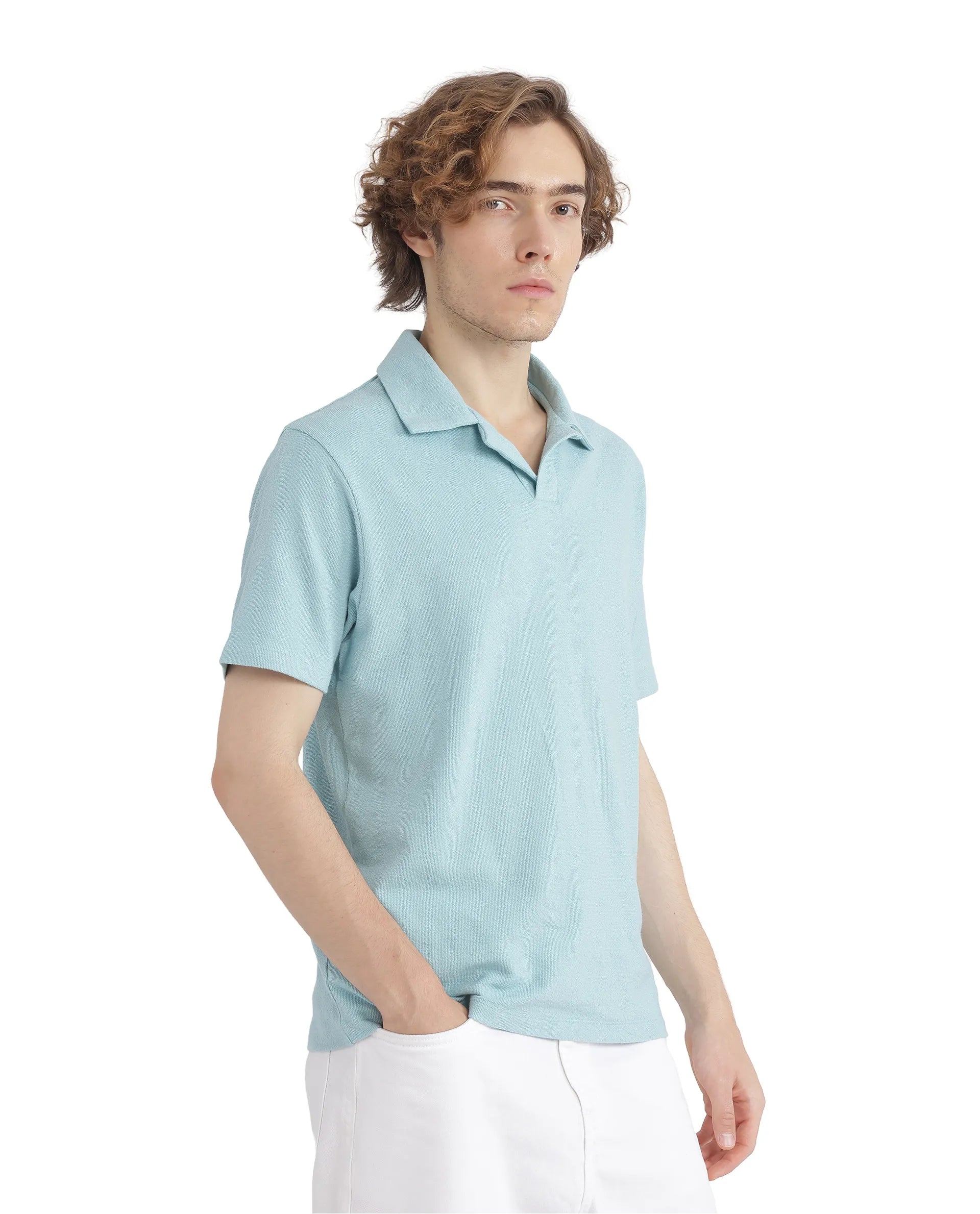 Rare Rabbit Men Merko Turq Cotton Fabric Short Sleeve Collared Neck Button Closure Plain Polo