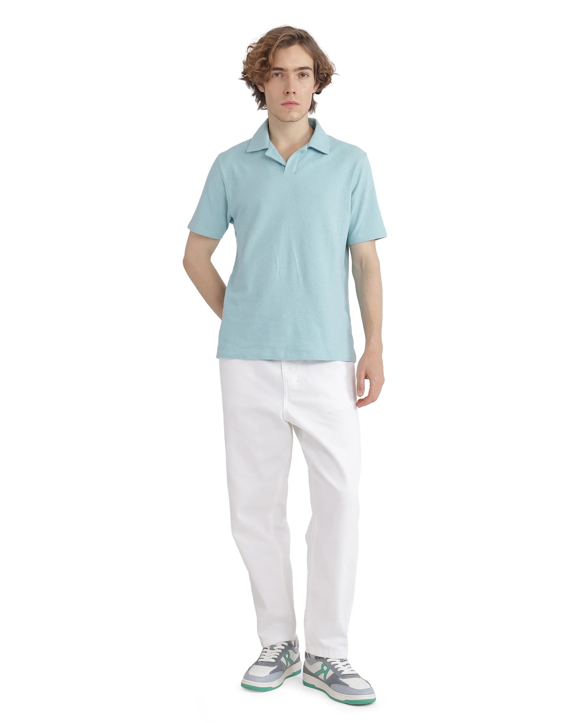 Rare Rabbit Men Merko Turq Cotton Fabric Short Sleeve Collared Neck Button Closure Plain Polo