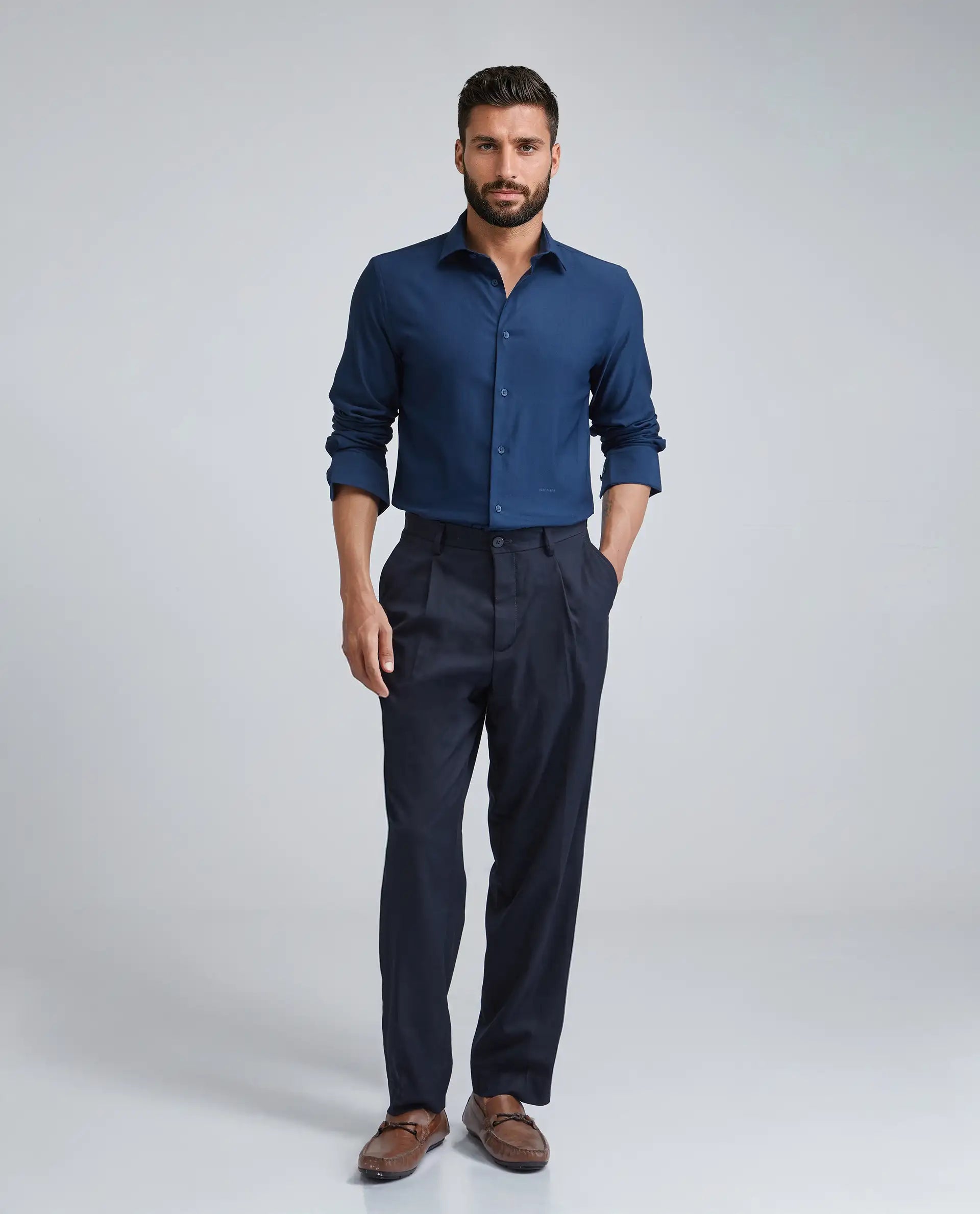 Rare Rabbit Men's Mero-25 Dark Blue Viscose Plain Regular Fit Full Sleeve Collared Shirt