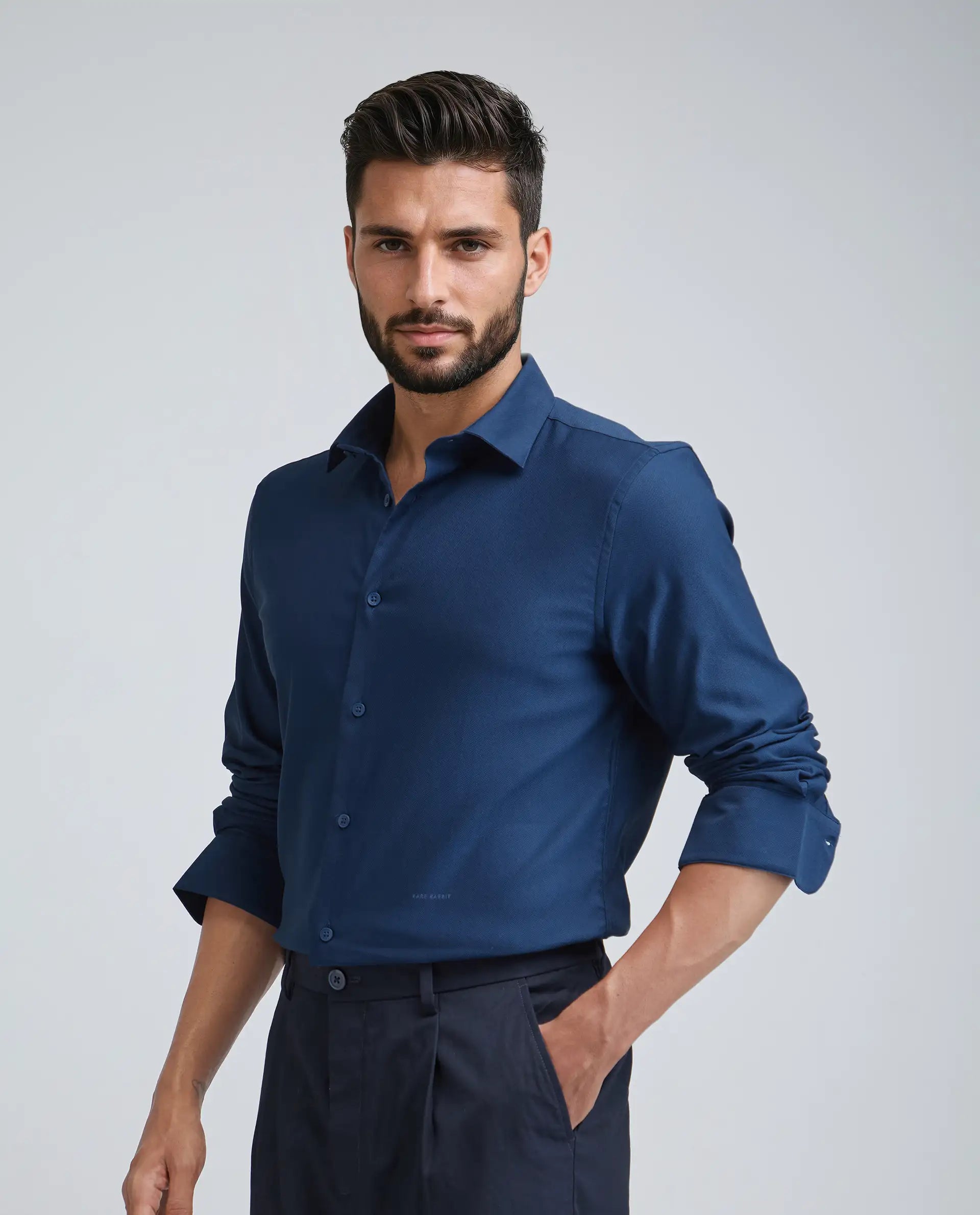 Rare Rabbit Men's Mero-25 Dark Blue Viscose Plain Regular Fit Full Sleeve Collared Shirt