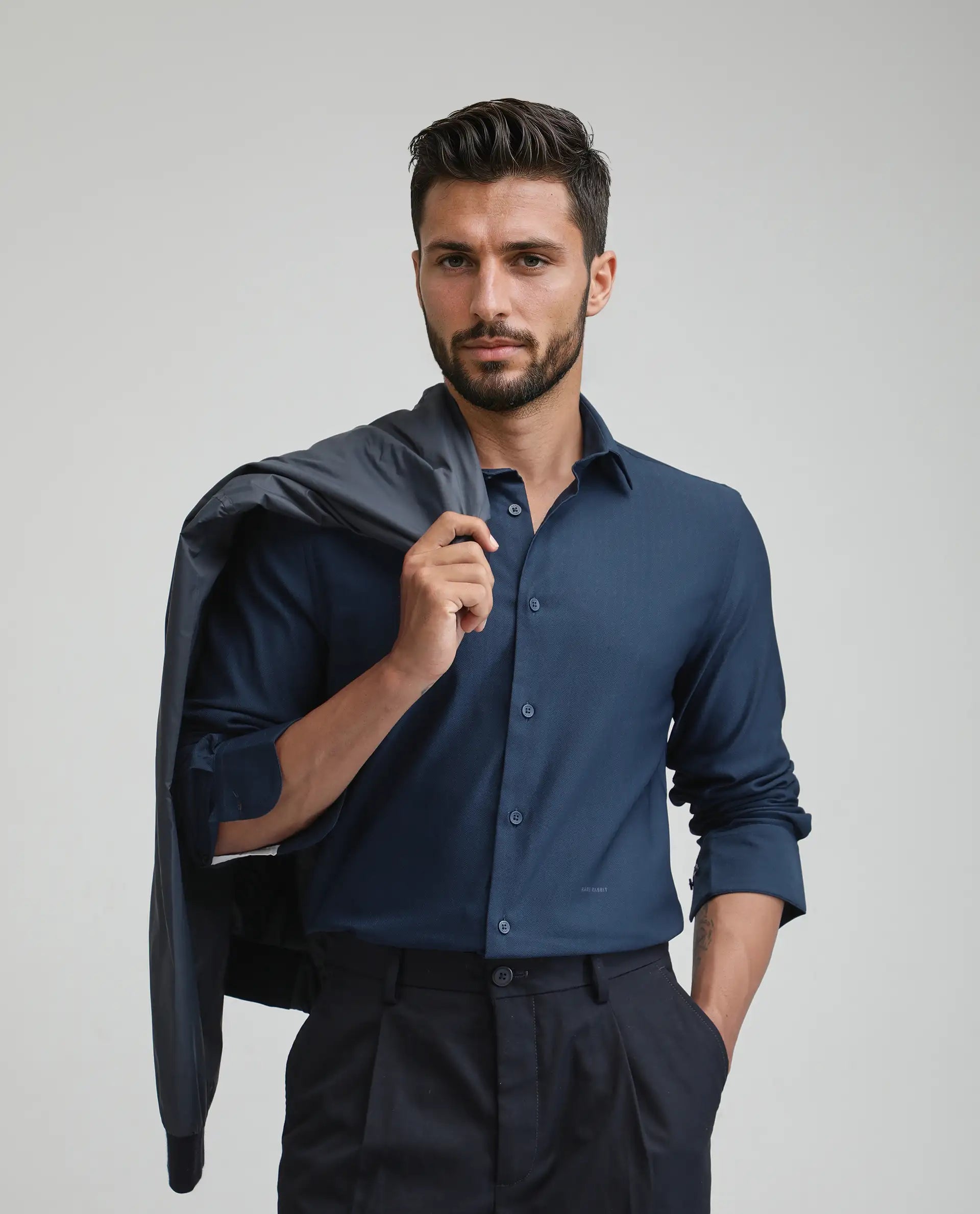 Rare Rabbit Men's Mero-25 Dark Blue Viscose Plain Regular Fit Full Sleeve Collared Shirt