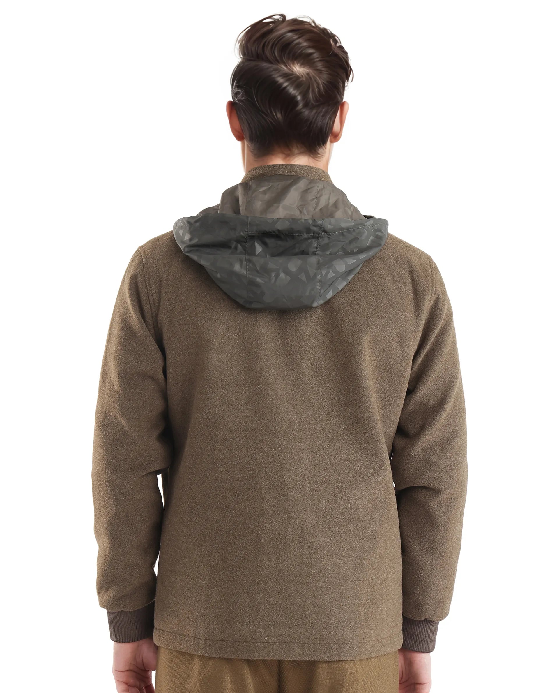 Rare Rabbit Men Meron Olive Poly Rayon Fabric Full Sleeve High Neck with Detachable Hood Zipper Closure Relaxed Fit Textured Jacket