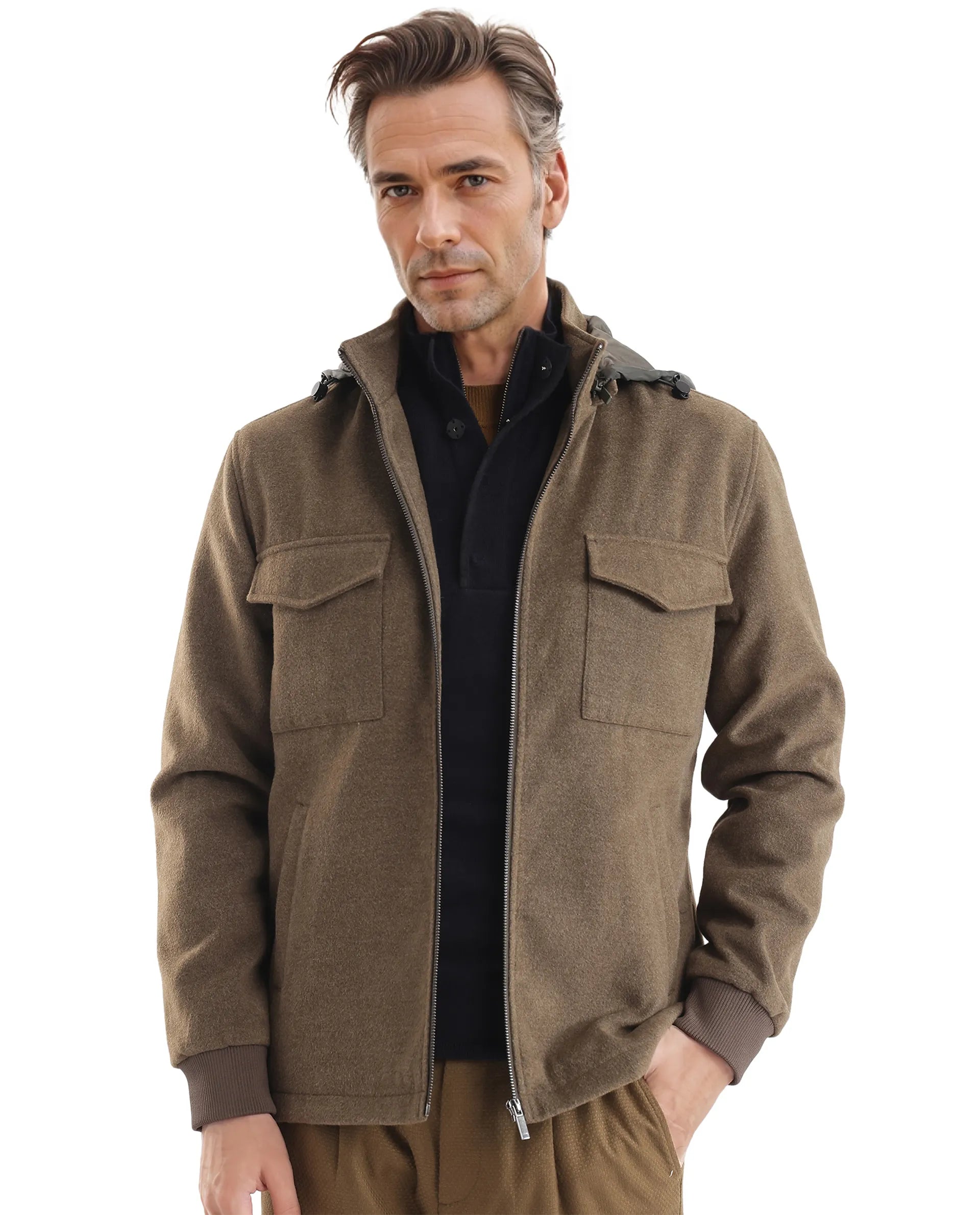 Rare Rabbit Men Meron Olive Poly Rayon Fabric Full Sleeve High Neck with Detachable Hood Zipper Closure Relaxed Fit Textured Jacket