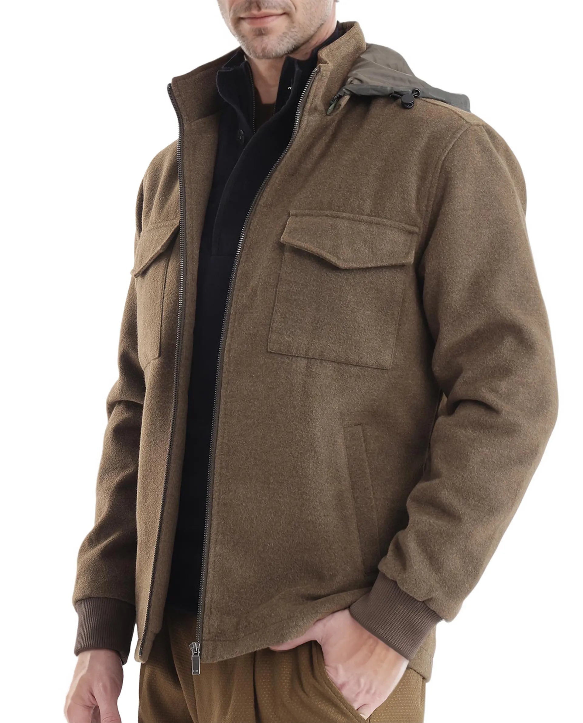 Rare Rabbit Men Meron Olive Poly Rayon Fabric Full Sleeve High Neck with Detachable Hood Zipper Closure Relaxed Fit Textured Jacket