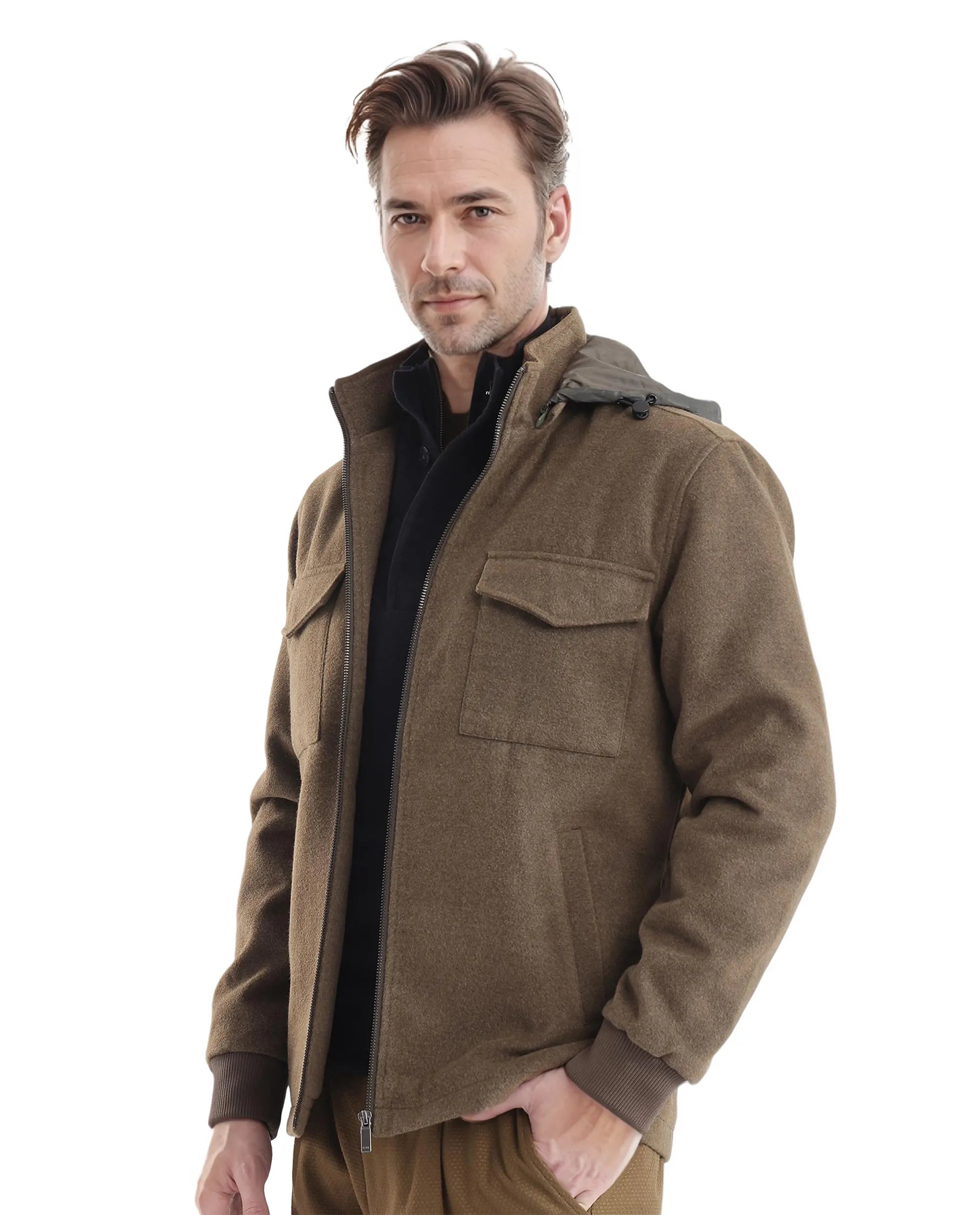 Rare Rabbit Men Meron Olive Poly Rayon Fabric Full Sleeve High Neck with Detachable Hood Zipper Closure Relaxed Fit Textured Jacket