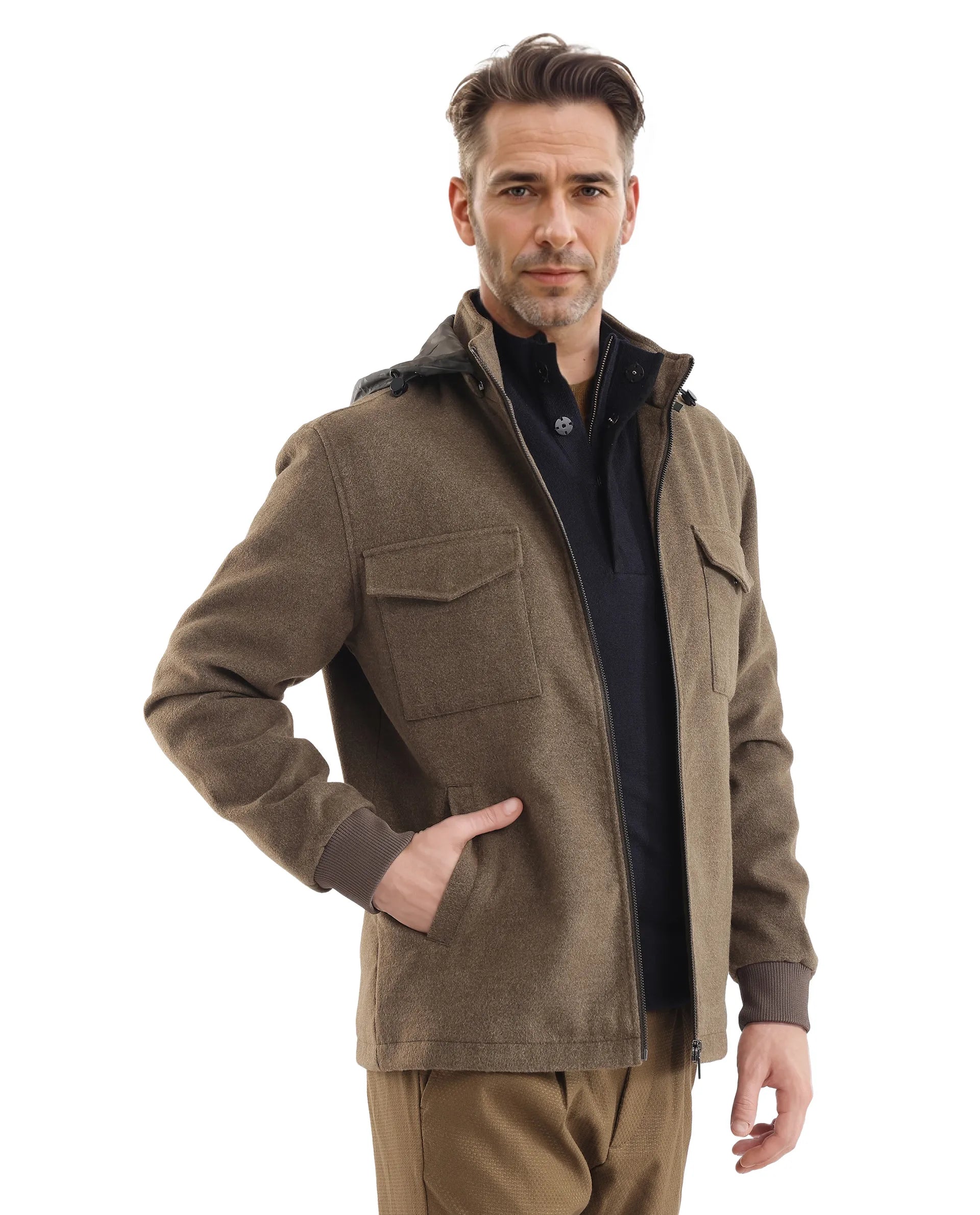 Rare Rabbit Men Meron Olive Poly Rayon Fabric Full Sleeve High Neck with Detachable Hood Zipper Closure Relaxed Fit Textured Jacket