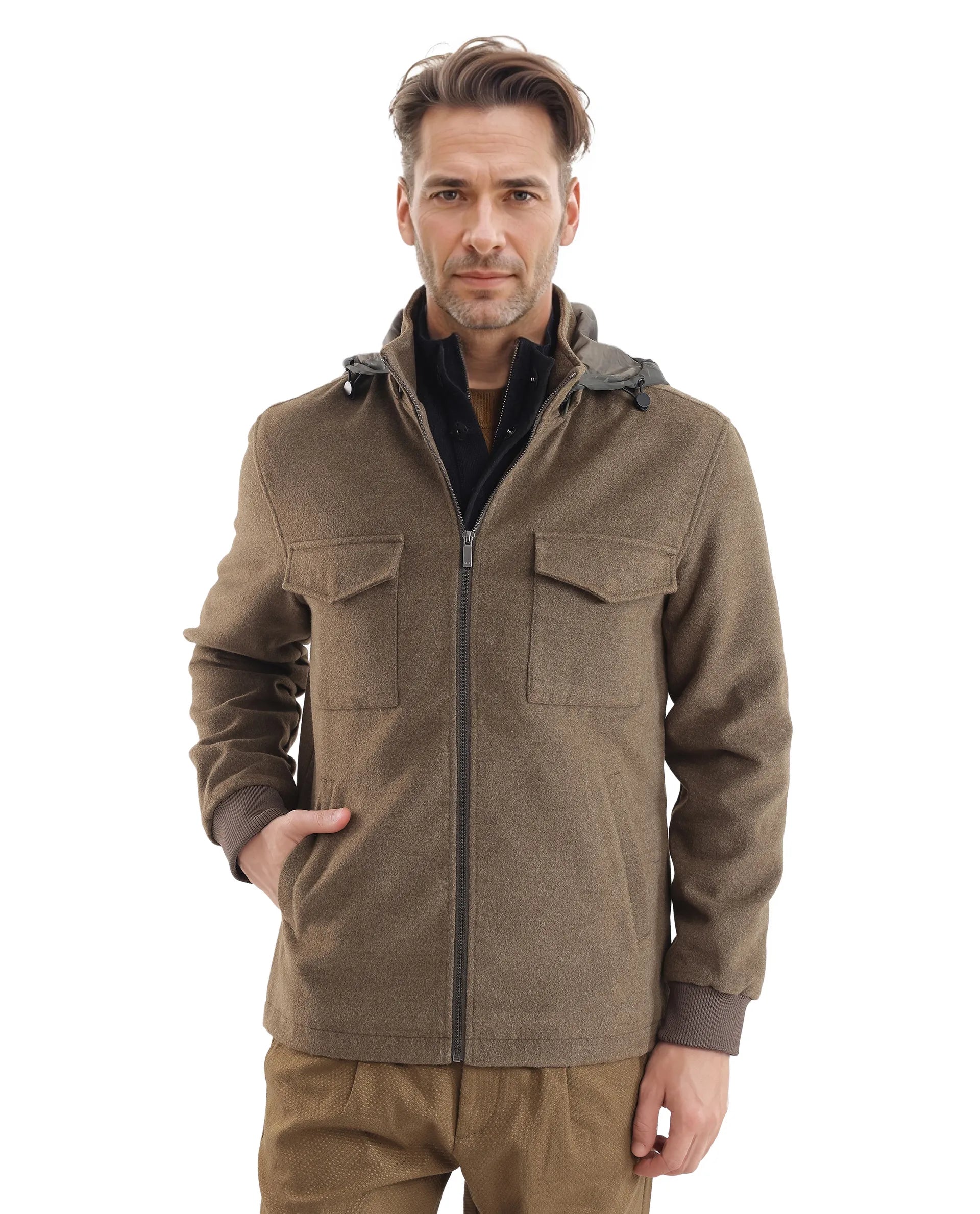 Rare Rabbit Men Meron Olive Poly Rayon Fabric Full Sleeve High Neck with Detachable Hood Zipper Closure Relaxed Fit Textured Jacket