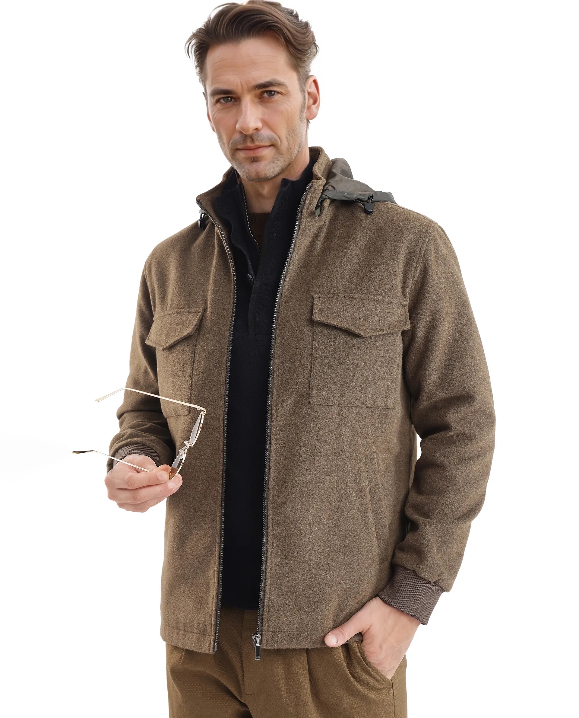 Rare Rabbit Men Meron Olive Poly Rayon Fabric Full Sleeve High Neck with Detachable Hood Zipper Closure Relaxed Fit Textured Jacket