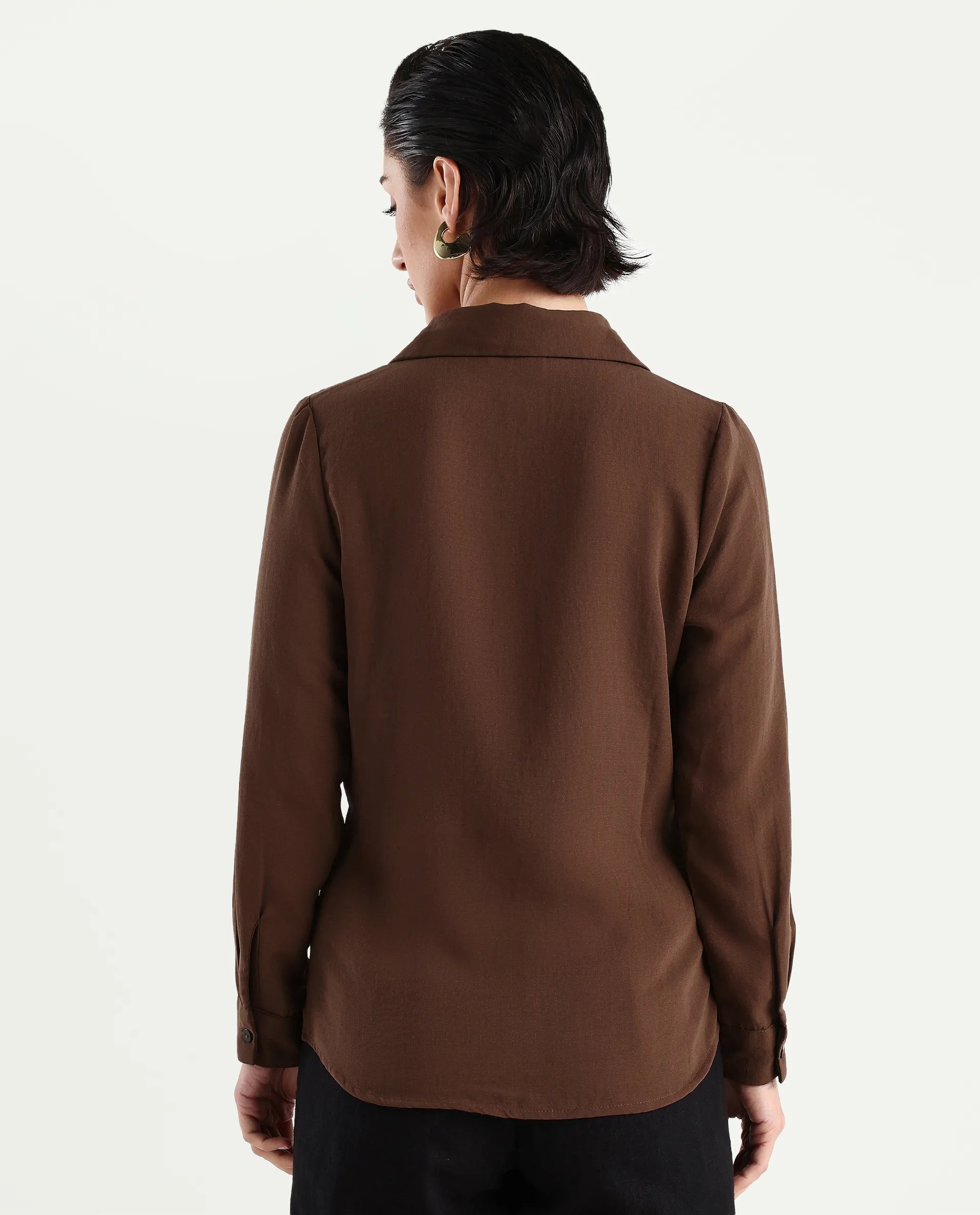 Rareism Women's Mersin Brown Polyester Spread Collar Plain Cuffed Sleeve Regular Fit Top