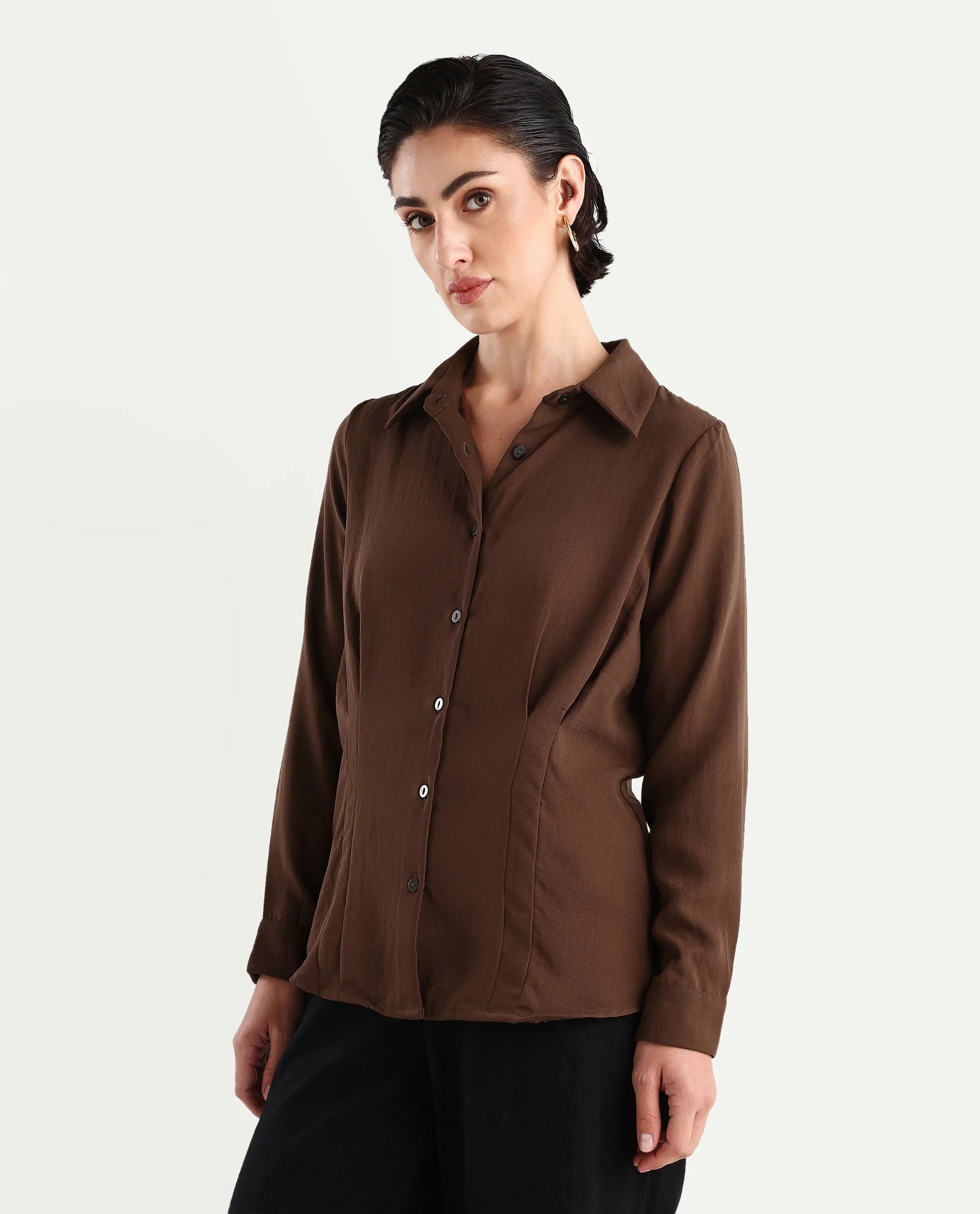 Rareism Women's Mersin Brown Polyester Spread Collar Plain Cuffed Sleeve Regular Fit Top