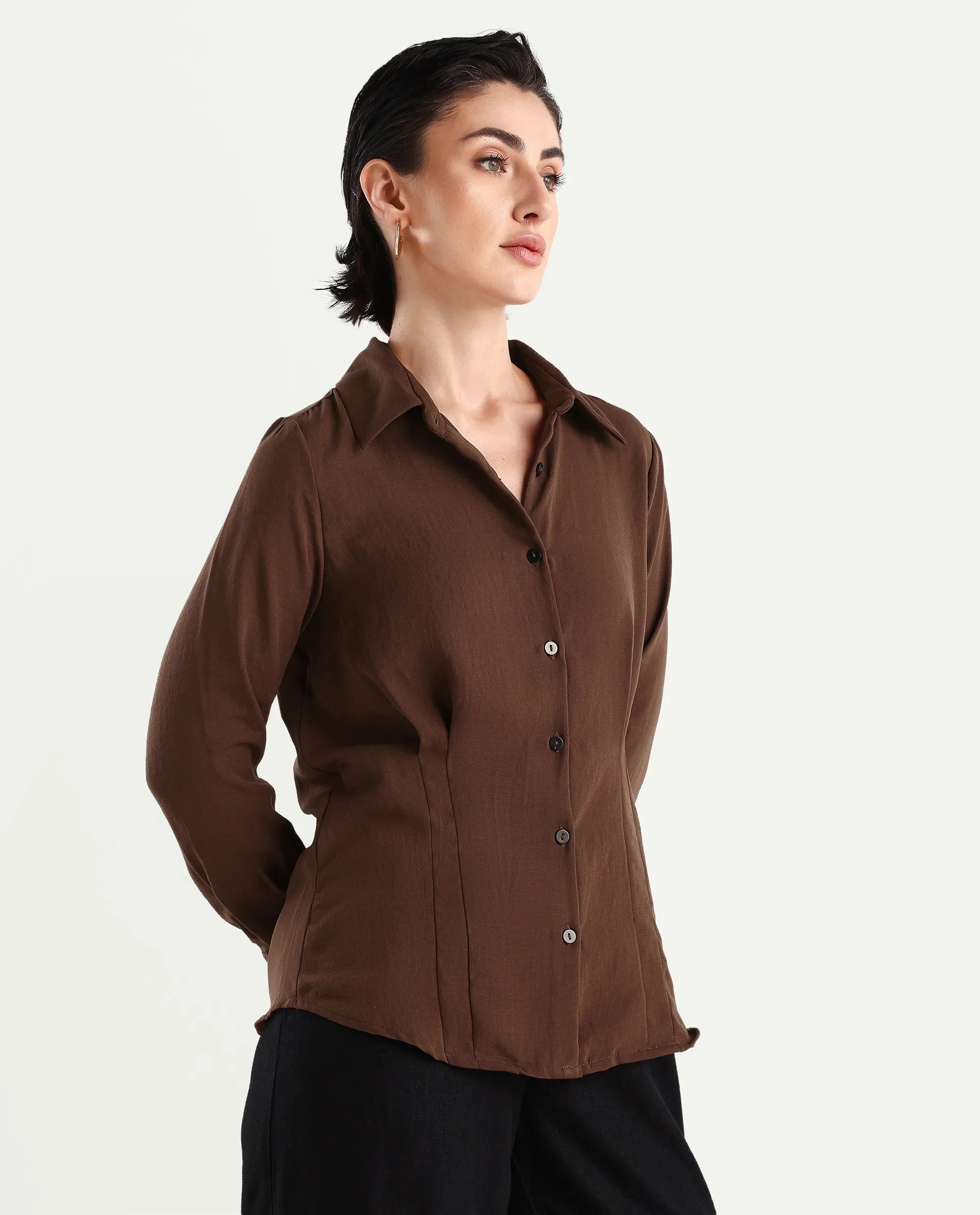 Rareism Women's Mersin Brown Polyester Spread Collar Plain Cuffed Sleeve Regular Fit Top