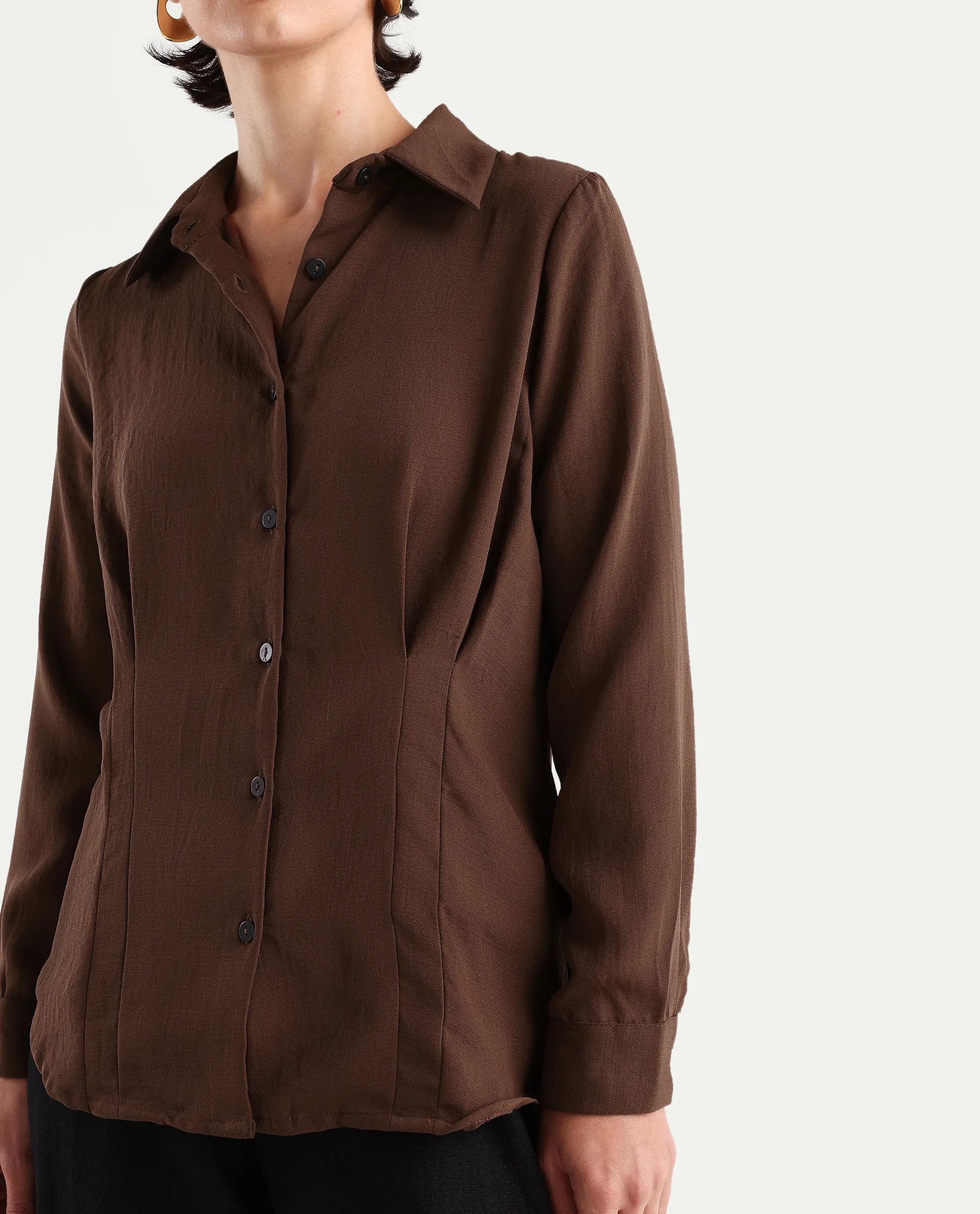 Rareism Women's Mersin Brown Polyester Spread Collar Plain Cuffed Sleeve Regular Fit Top