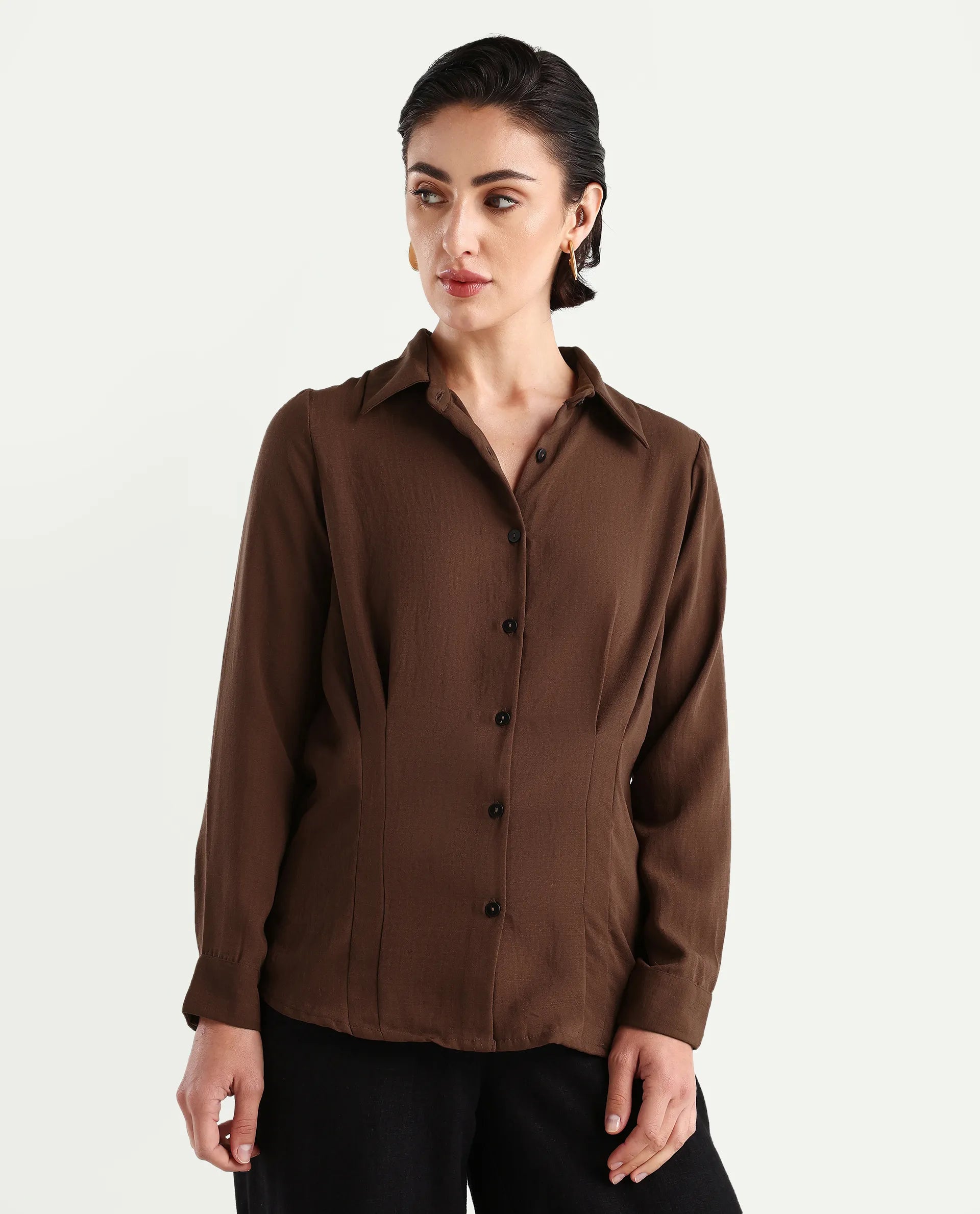 Rareism Women's Mersin Brown Polyester Spread Collar Plain Cuffed Sleeve Regular Fit Top