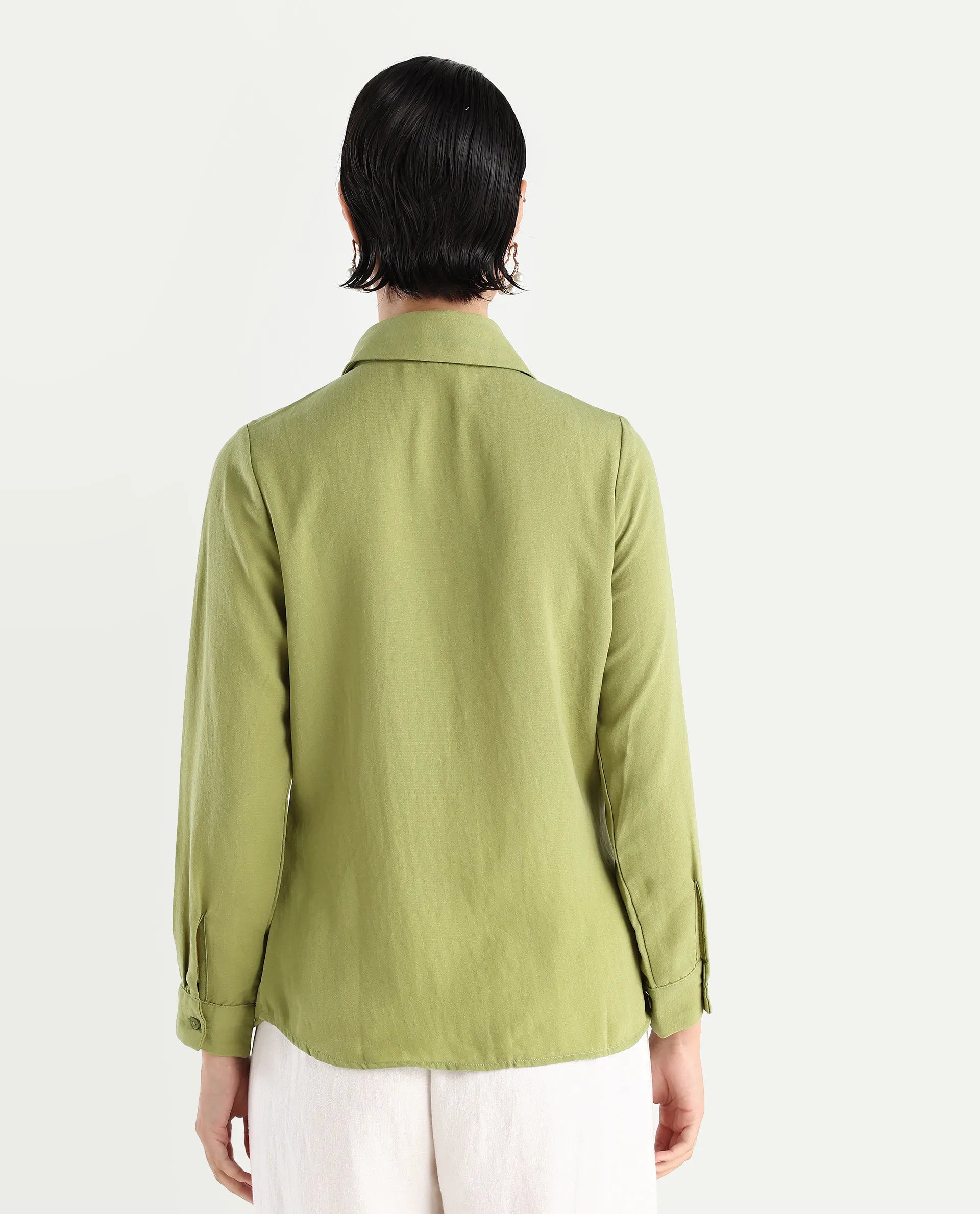 Rareism Women's Mersin Light Green Polyester Spread Collar Plain Cuffed Sleeve Regular Fit Top