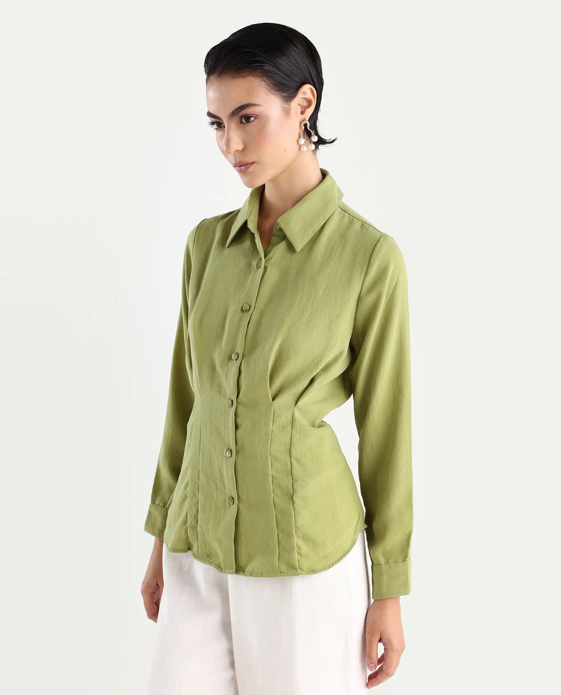 Rareism Women's Mersin Light Green Polyester Spread Collar Plain Cuffed Sleeve Regular Fit Top