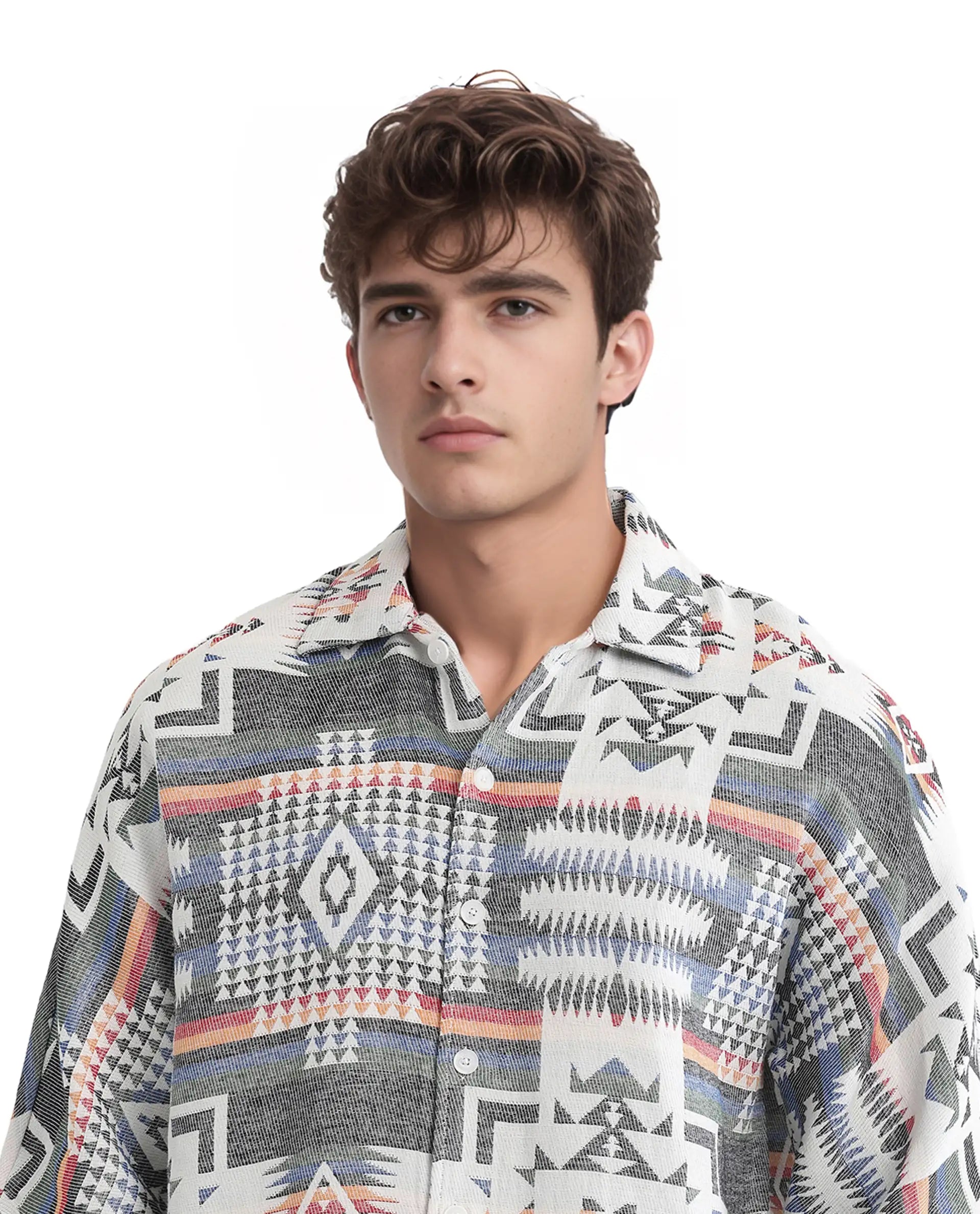 Rare Rabbit Men's Merton White Cotton Fabric Short Sleeve Collared Neck Button Closure Jacquard Shirt