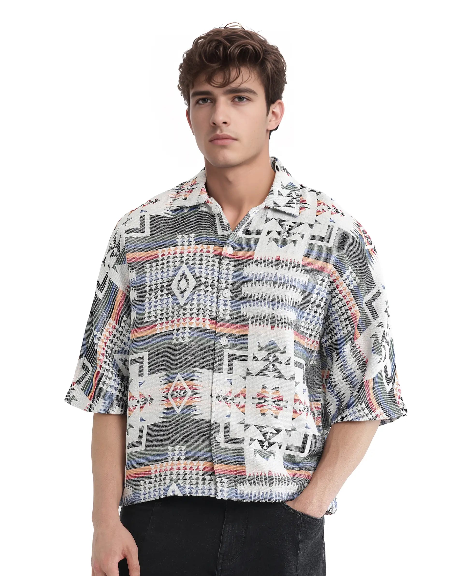 Rare Rabbit Men's Merton White Cotton Fabric Short Sleeve Collared Neck Button Closure Jacquard Shirt